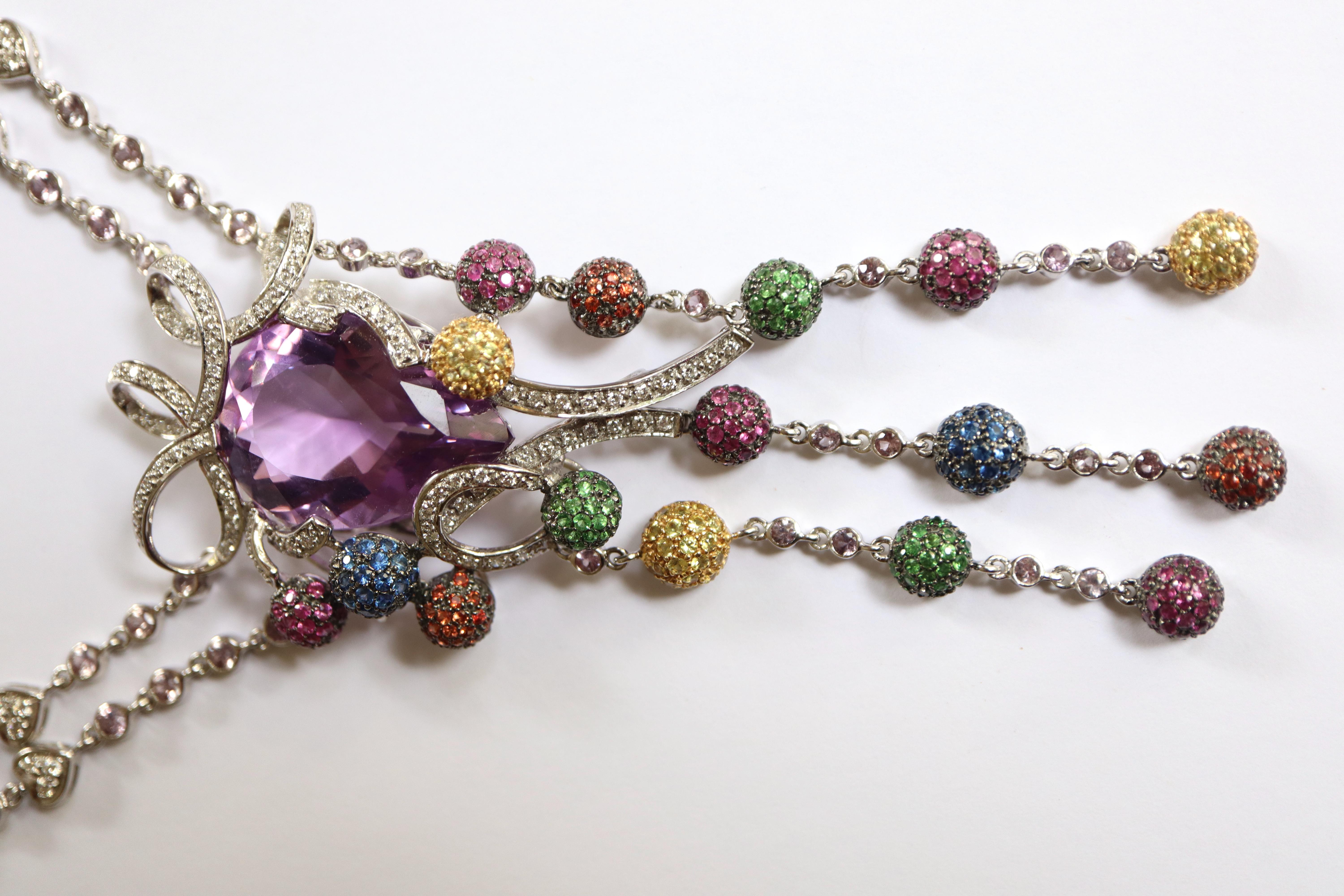 Necklace in 18K White Gold Multicolored Sapphires, Fine Stones and Diamonds For Sale 5