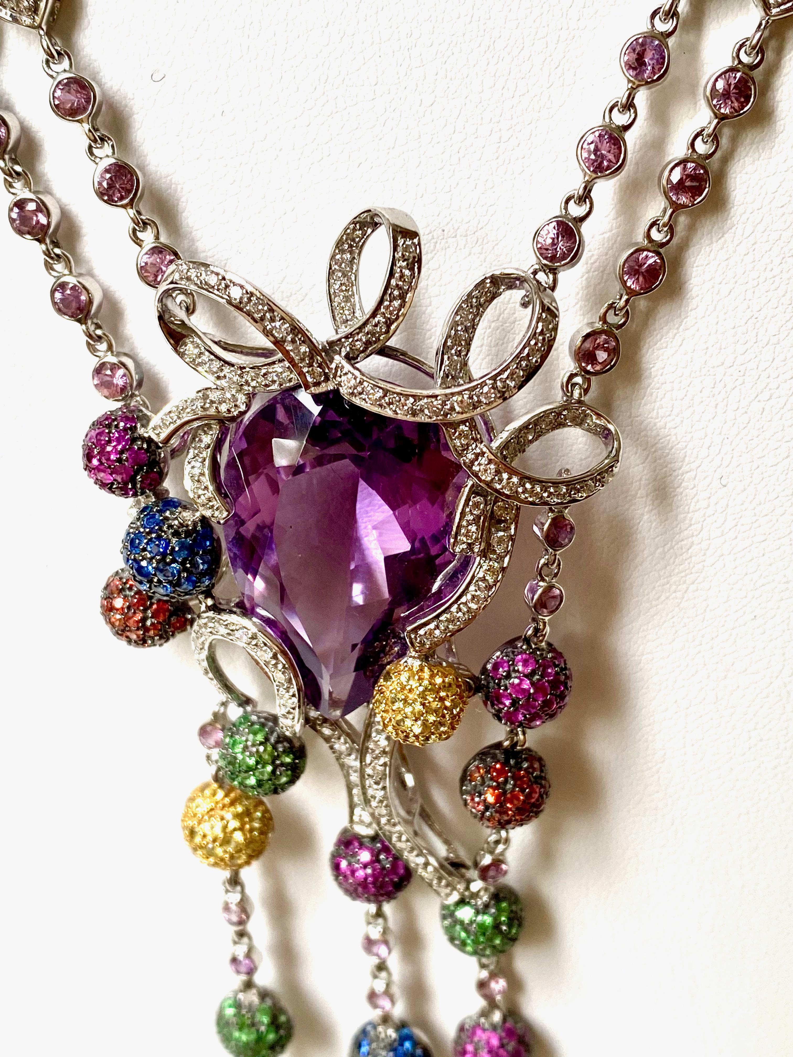 Necklace in 18K White Gold Multicolored Sapphires, Fine Stones and Diamonds For Sale 1