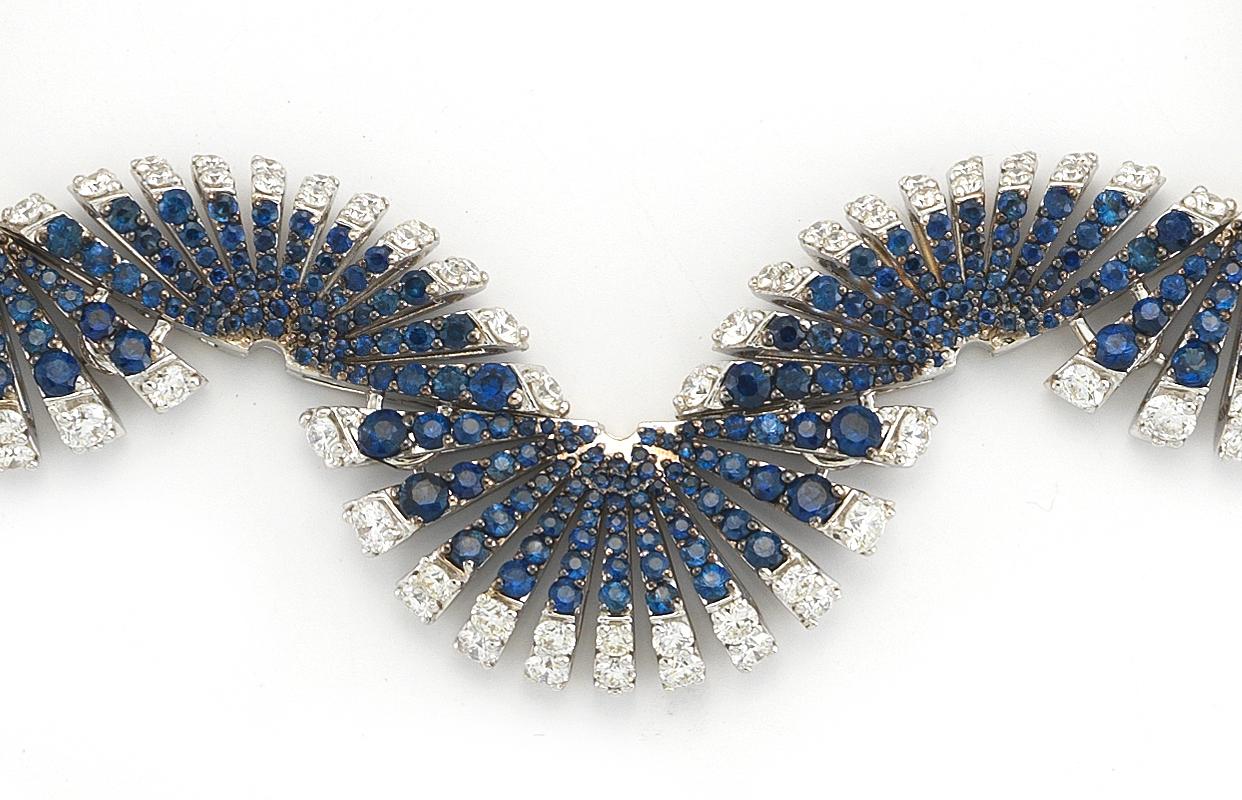 Round Cut Necklace in 18K White Gold w/ White Diamonds '3.78cts' & Blue Sapphire '6.43cts' For Sale