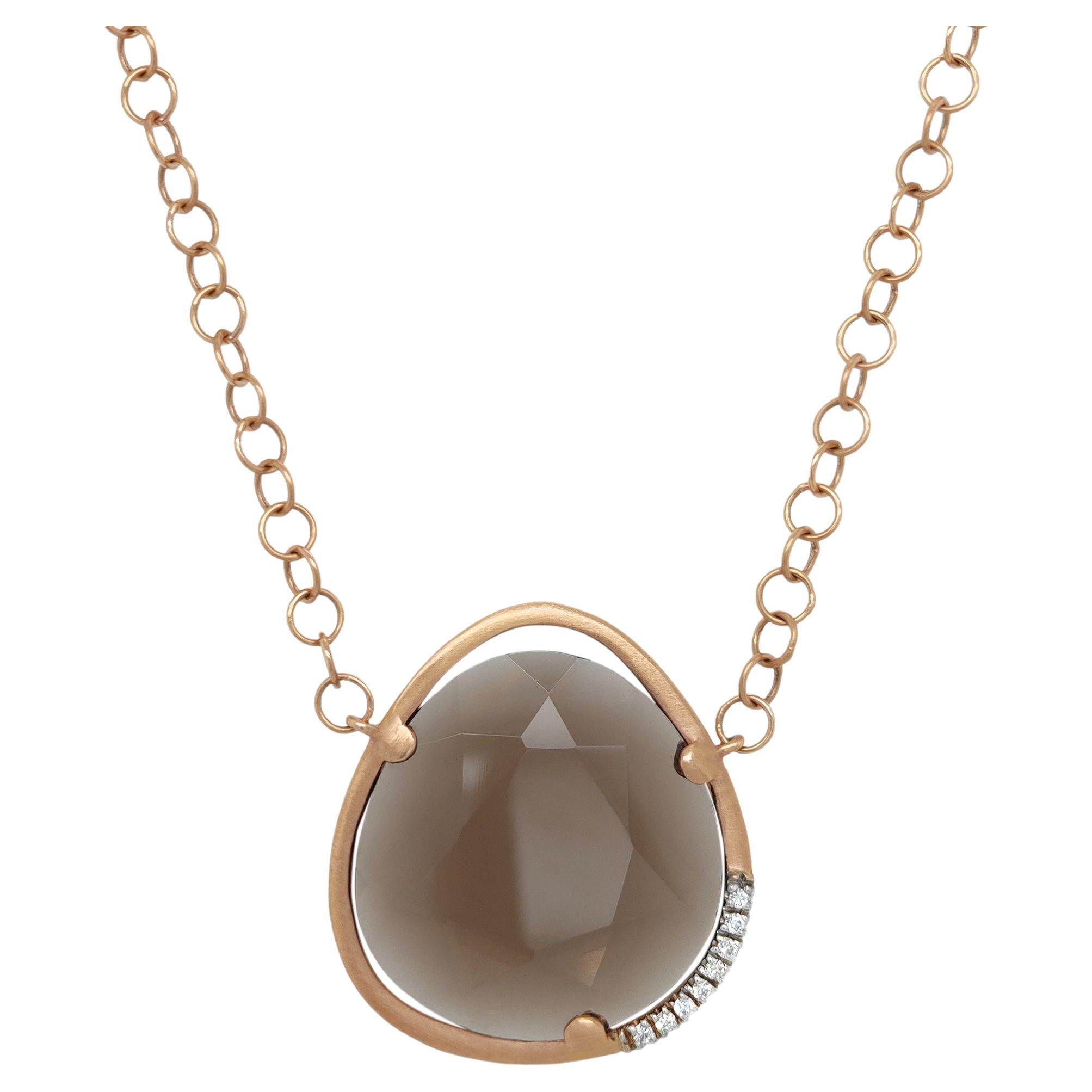 Necklace in 18kt gold chain and with a faceted smoky quartz & natural diamonds For Sale