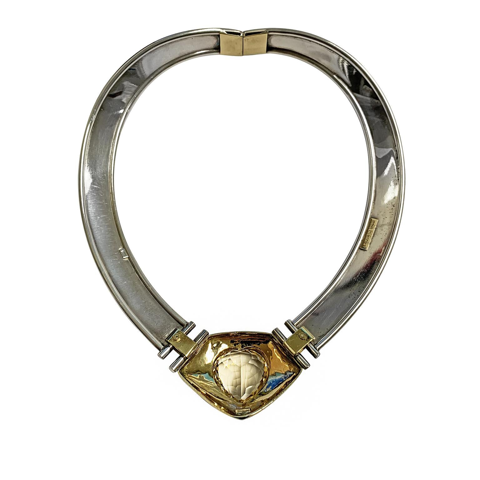 Halskette in zeitgenössischem Kunstdesign, Silber und Gold mit einem natürlichen Zitrinherz im Zustand „Neu“ im Angebot in Milano, Lombardia