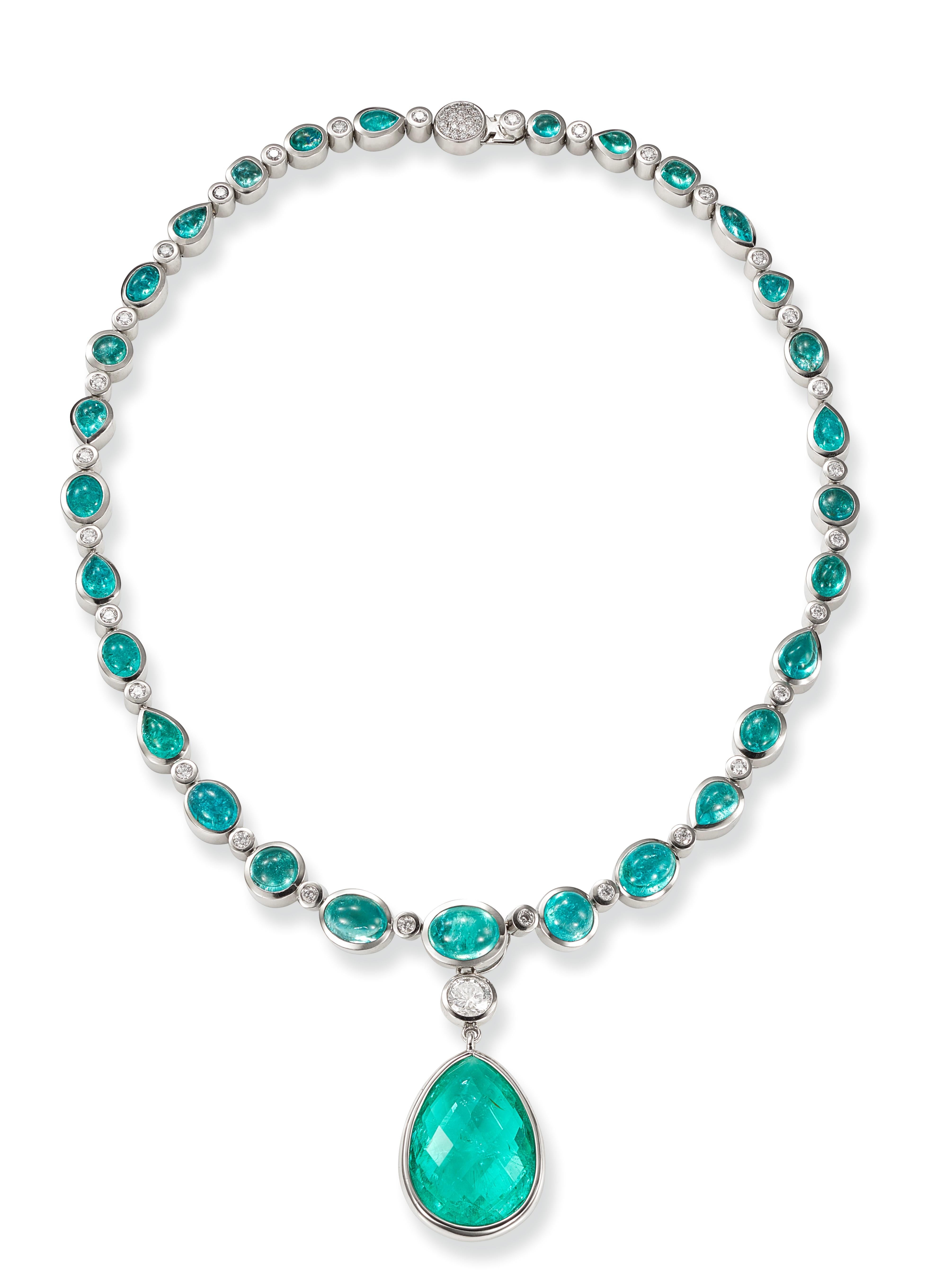 This 950/ Platinum (99.15g) Collier is set with 29 fine Paraiba Tourmalines Cabouchons, various shapes, 49.23ct + 46x Diamonds (Brilliant-cut, D/VS, round, 1.2-2.5mm, 2.75ct).

Paraiba Tourmalines are very rare gemstones. The color is electric neon
