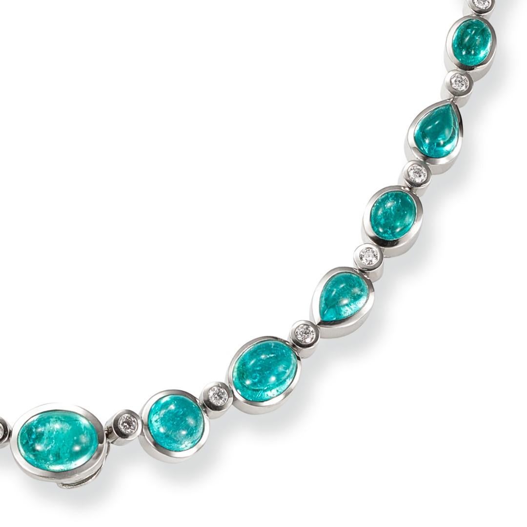 Necklace in Platinum with 29 Paraiba Tourmaline Cabouchons and 46 Diamonds For Sale 2