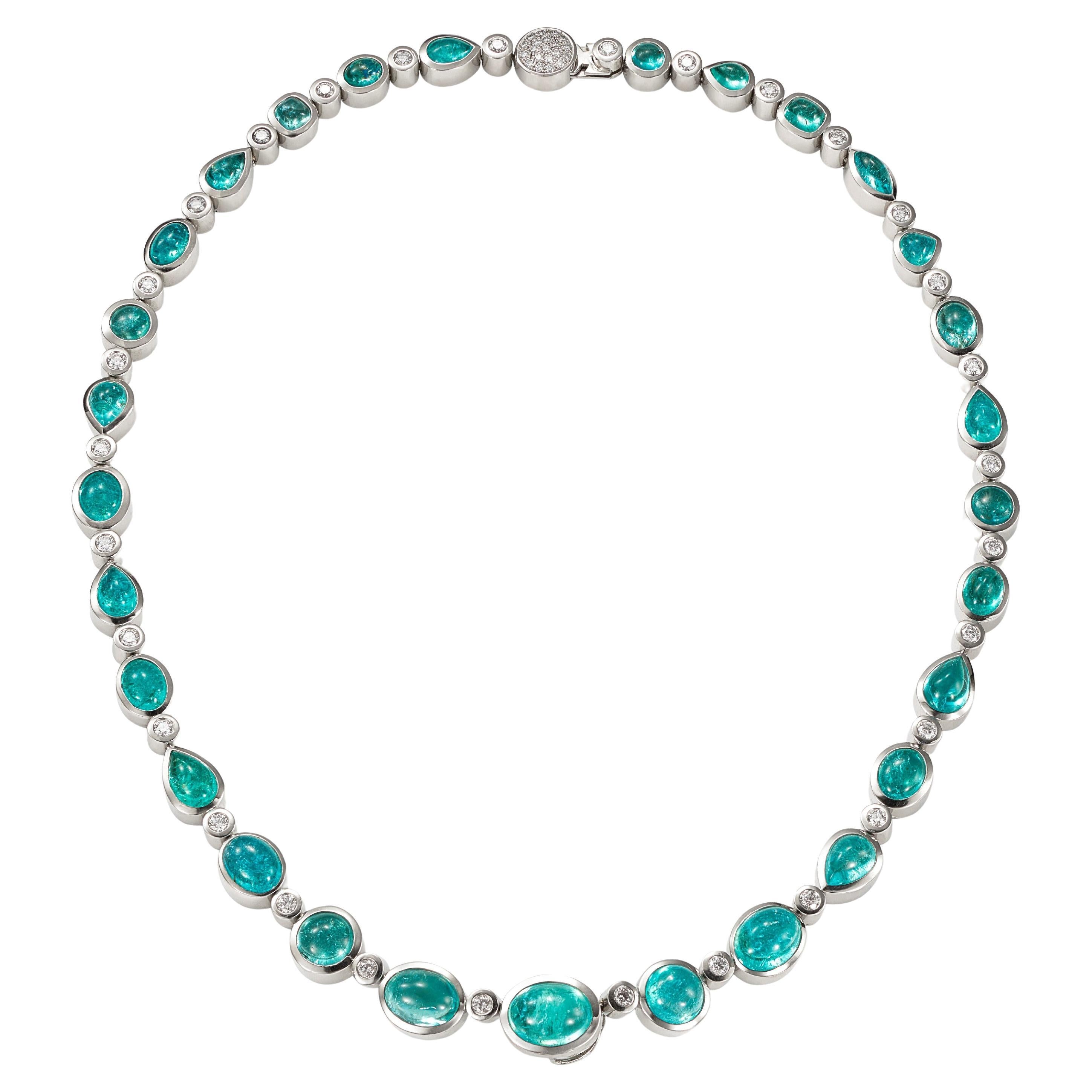 Necklace in Platinum with 29 Paraiba Tourmaline Cabouchons and 46 Diamonds For Sale