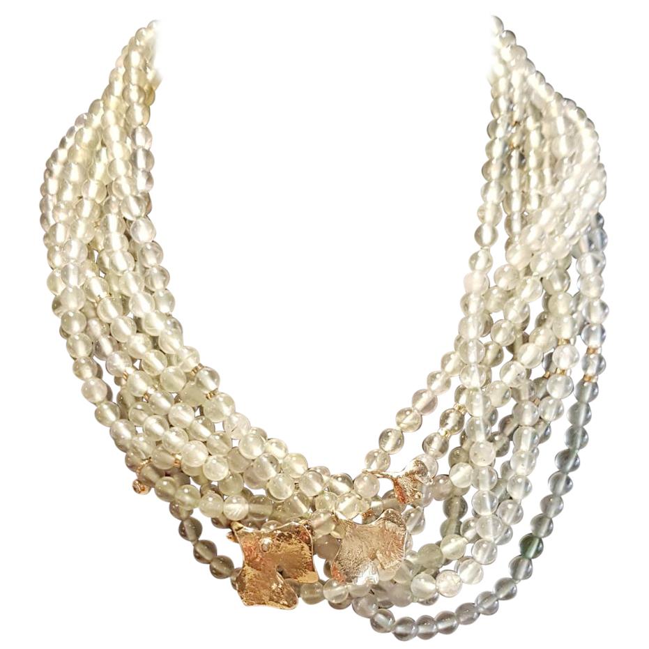 Prasiolite Ginko Leaves 18 Karat Gold Diamonds Beaded Necklace For Sale