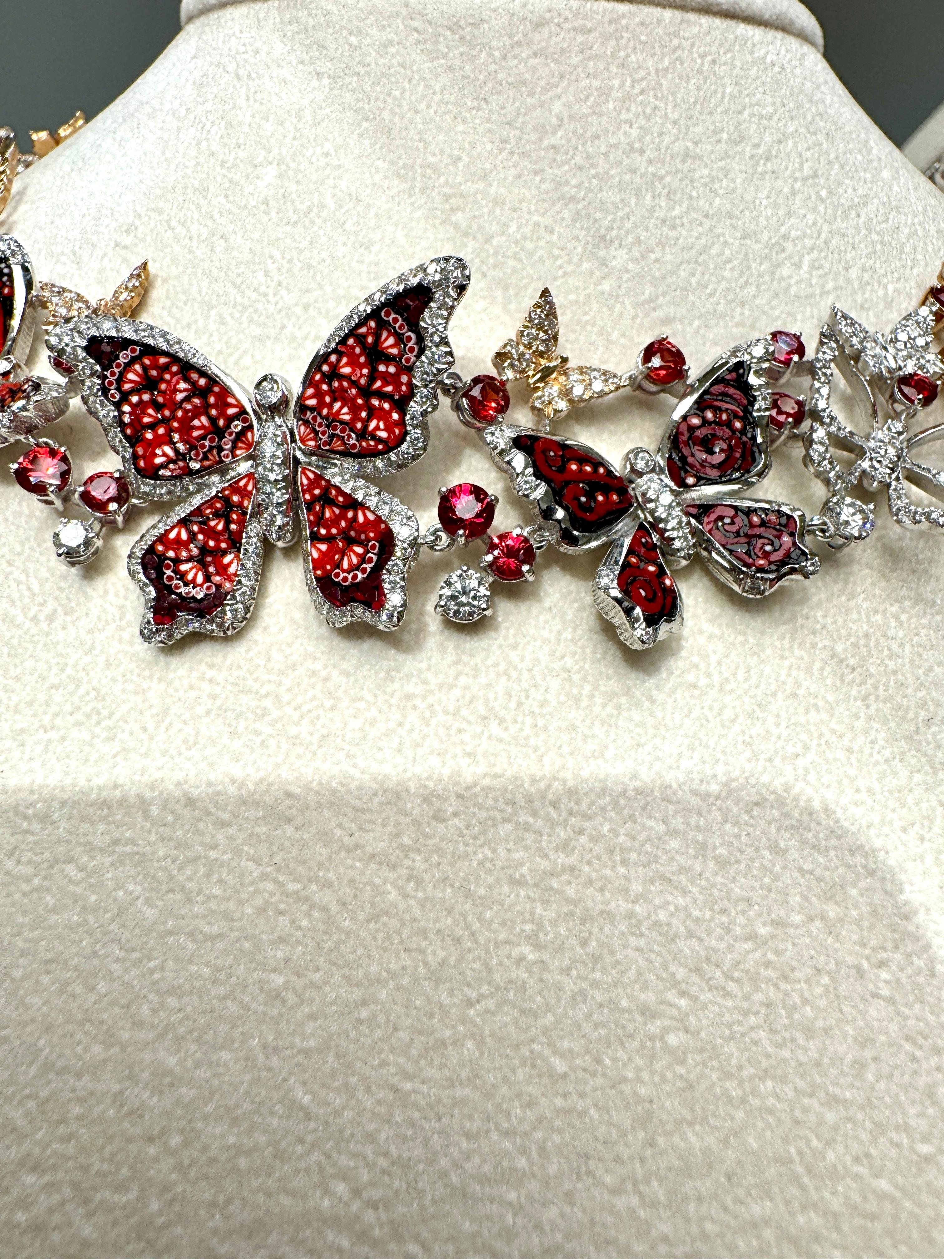 Modern Necklace in White and Rose Gold with White Diamonds, Sapphires and Micromosaic For Sale