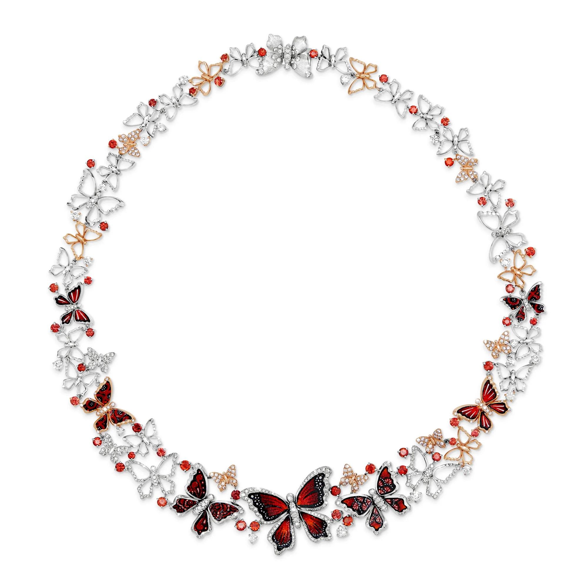 Mixed Cut Necklace in White and Rose Gold with White Diamonds, Sapphires and Micromosaic For Sale