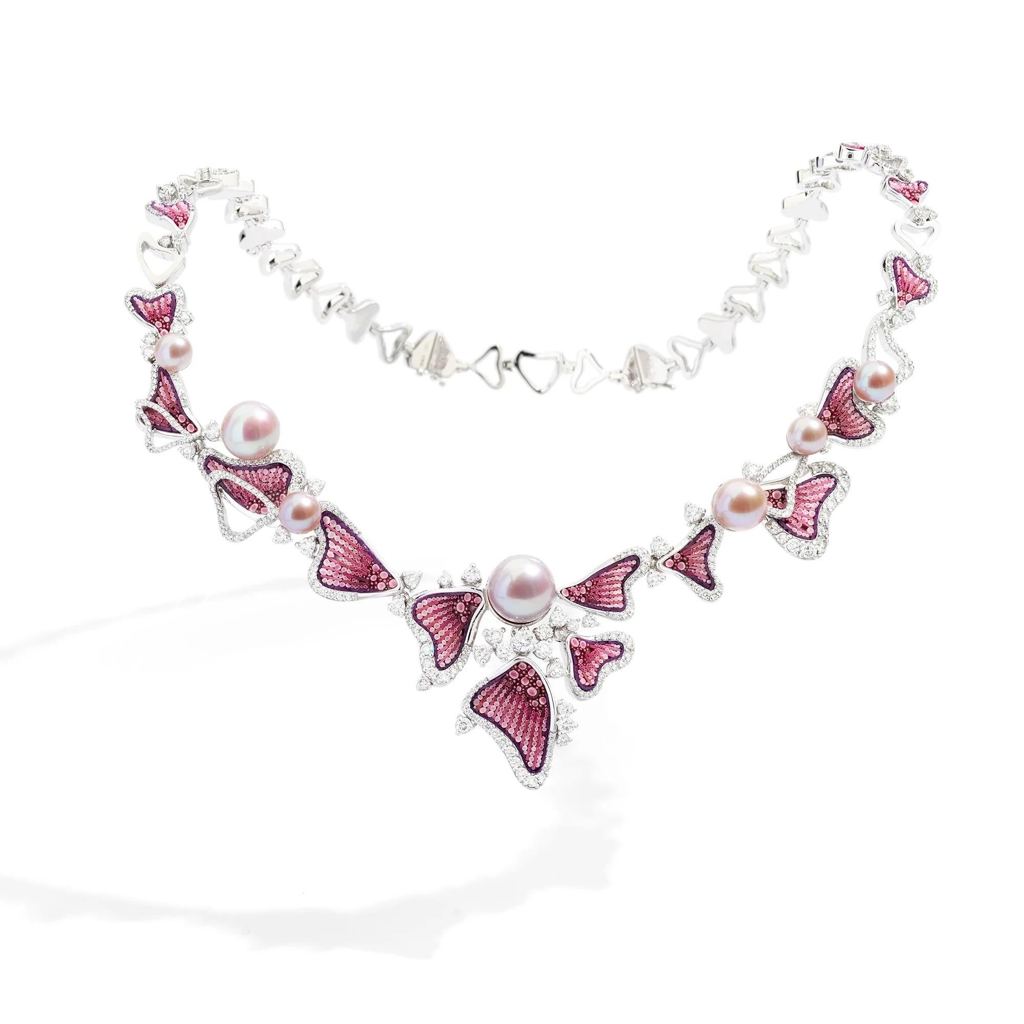 Modern Necklace in White Gold, White Diamonds,  Fresh Water Pearls and Micromosaic For Sale