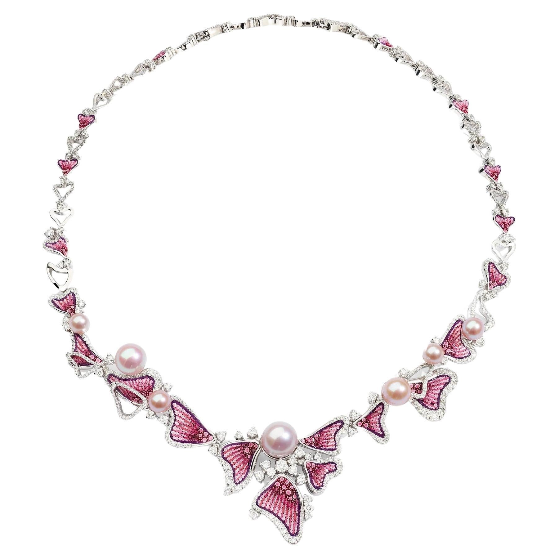 Necklace in White Gold, White Diamonds,  Fresh Water Pearls and Micromosaic