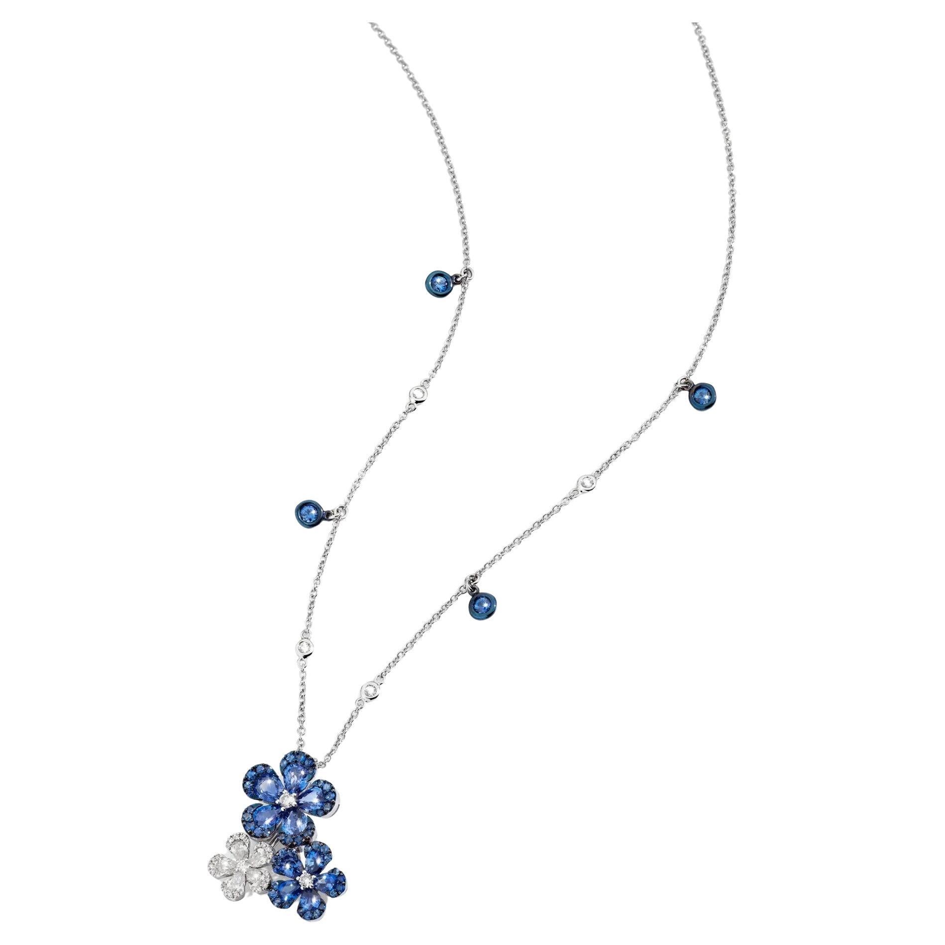 Necklace in White Gold with Diamonds and Blue Sapphires