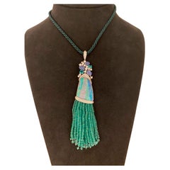 SCAVIA Blu White Opal Carved Leaf Shape Sapphires Tuft Emerald Beads Necklace