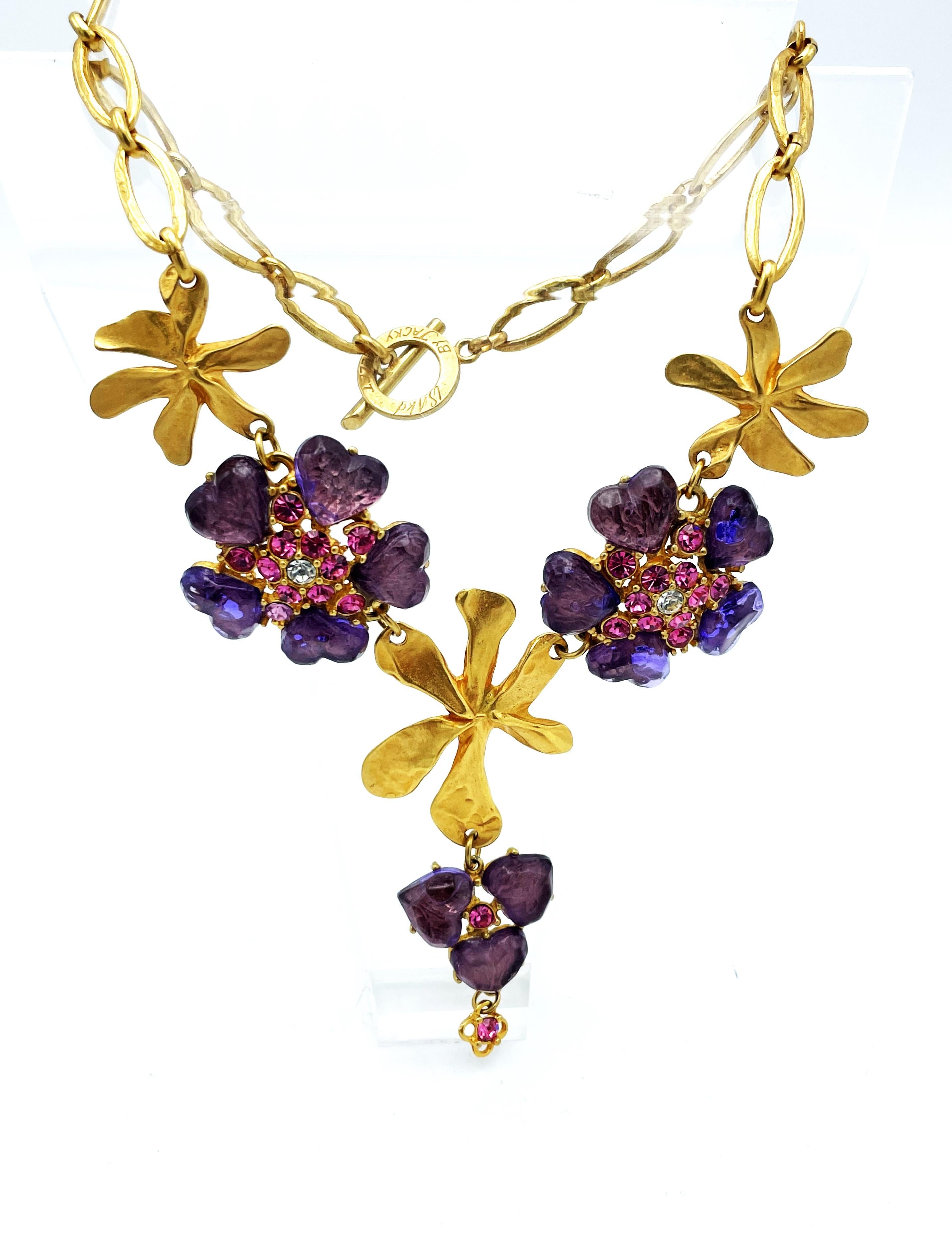 Heart Cut Necklace ISAKI by Jacky Vallet Paris, purple flowers shaped glass heart stones For Sale