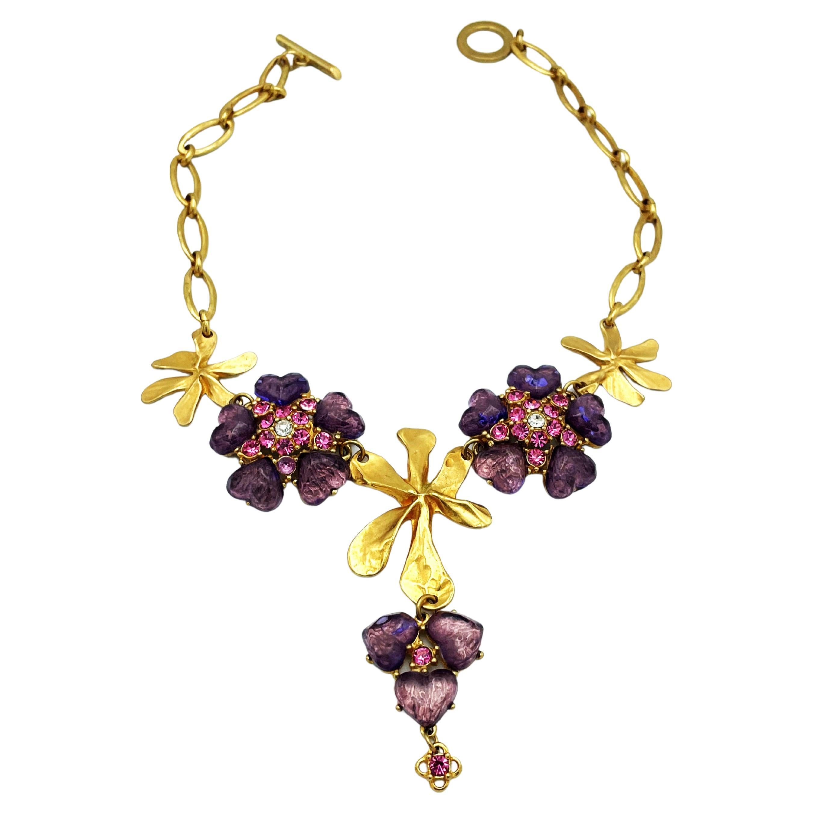 Necklace ISAKI by Jacky Vallet Paris, purple flowers shaped glass heart stones For Sale