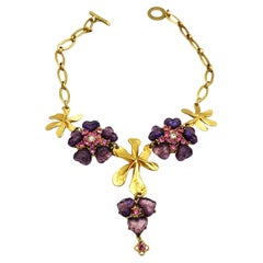 Vintage Necklace ISAKI by Jacky Vallet Paris, purple flowers shaped glass heart stones