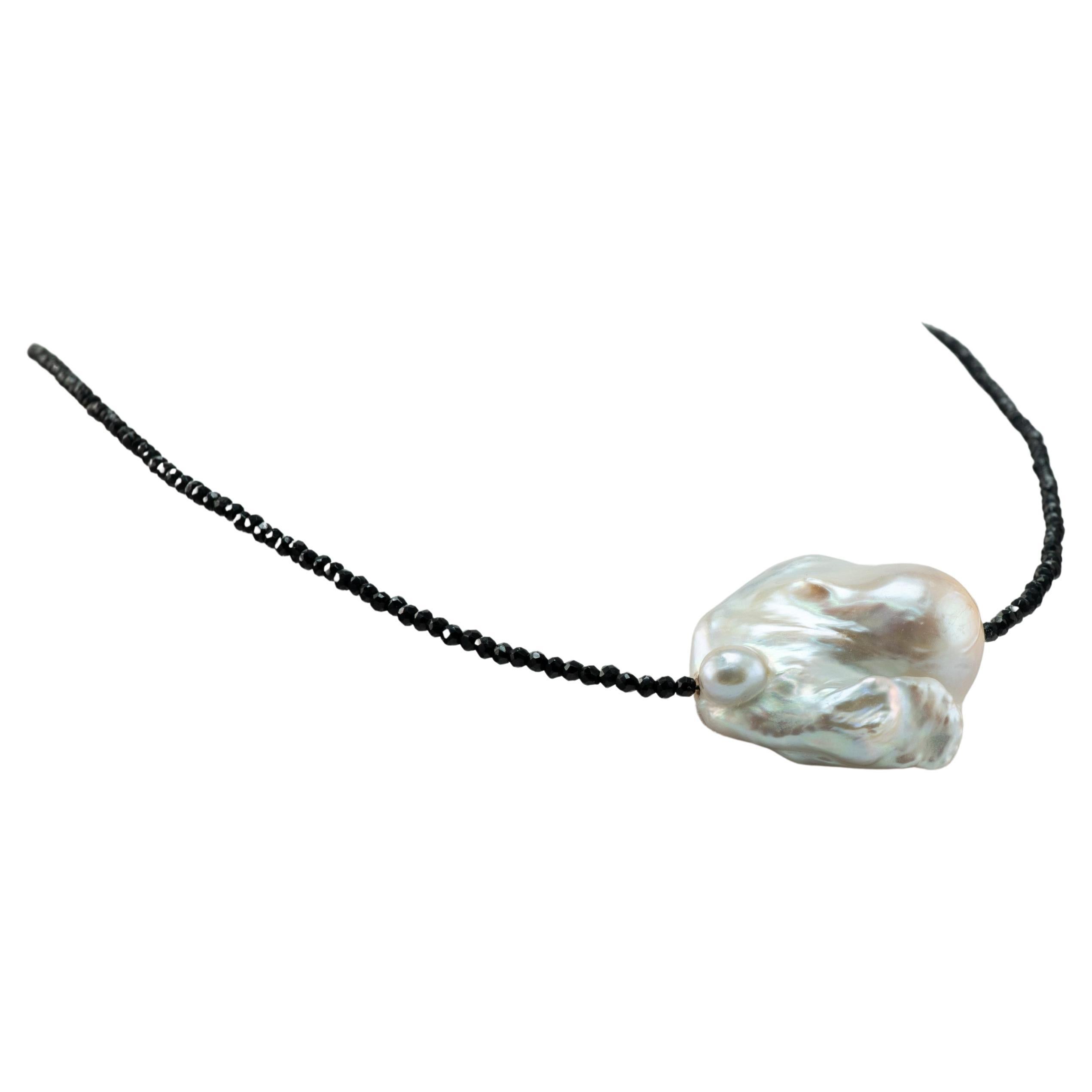 Necklace Large Baroque Pearl Bead Black Spinel 925 Sterling Silver Toggle Clasp