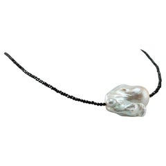 Necklace Large Baroque Pearl Bead Black Spinel 925 Sterling Silver Toggle Clasp