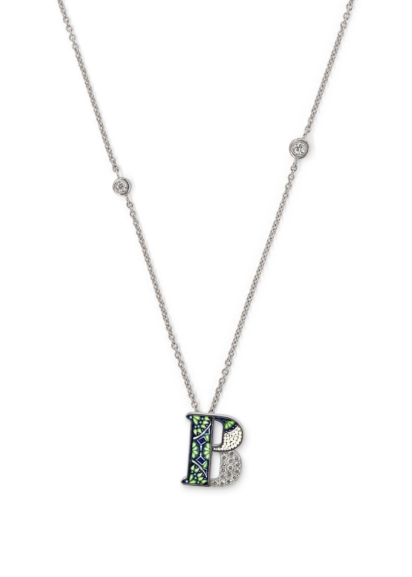 Contemporary Necklace Letter B White Gold White Diamonds Hand Decorated with Micromosaic For Sale