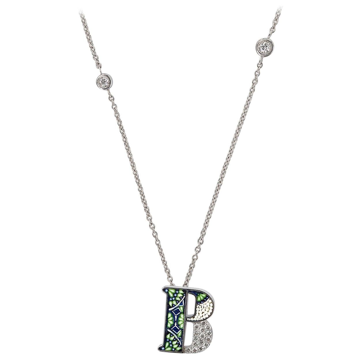 Necklace Letter B White Gold White Diamonds Hand Decorated with Micromosaic For Sale