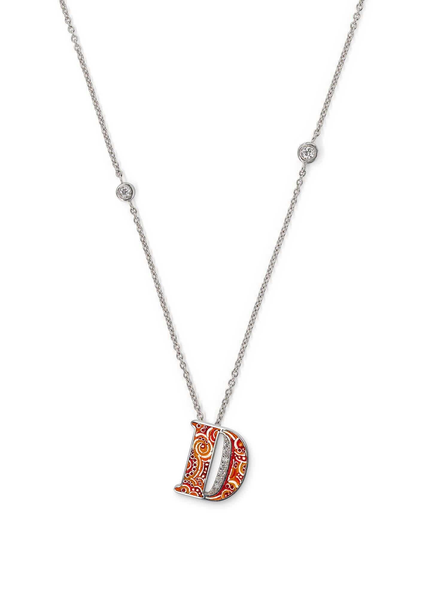 Contemporary Necklace Letter D White Gold White Diamonds Hand Decorated with Micromosaic For Sale