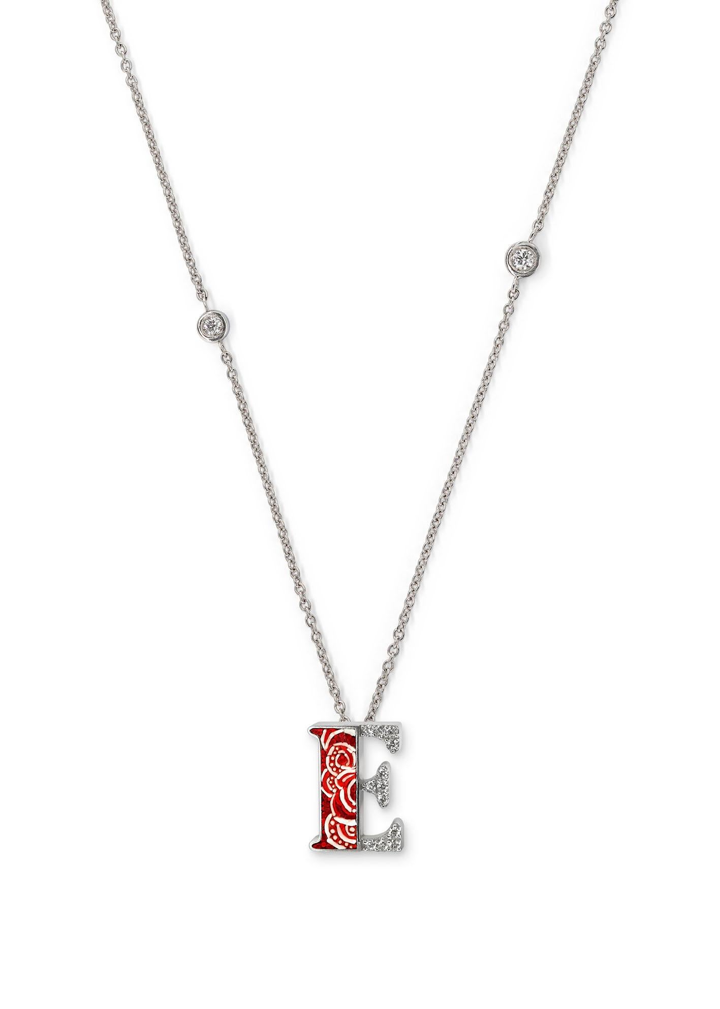 Brilliant Cut Necklace Letter E White Gold White Diamonds Hand Decorated with Micromosaic For Sale