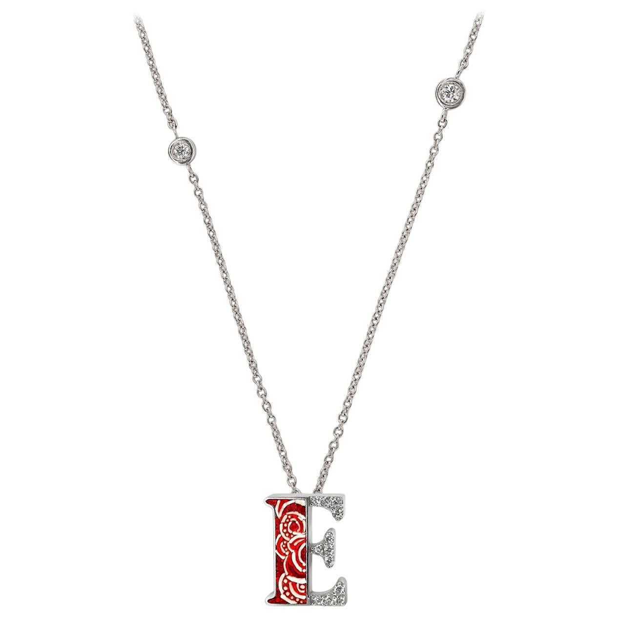 Necklace Letter E White Gold White Diamonds Hand Decorated with Micromosaic For Sale