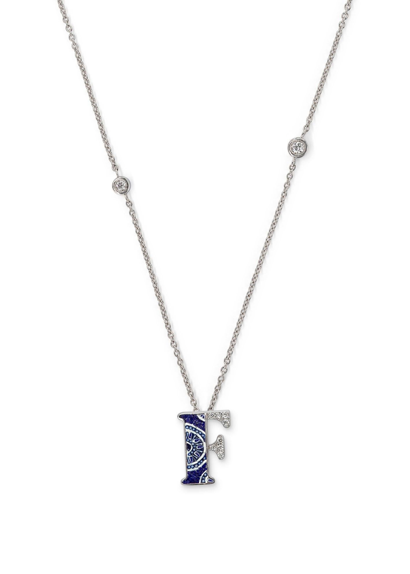 Contemporary Necklace Letter F White Gold White Diamonds Hand Decorated with Micromosaic For Sale