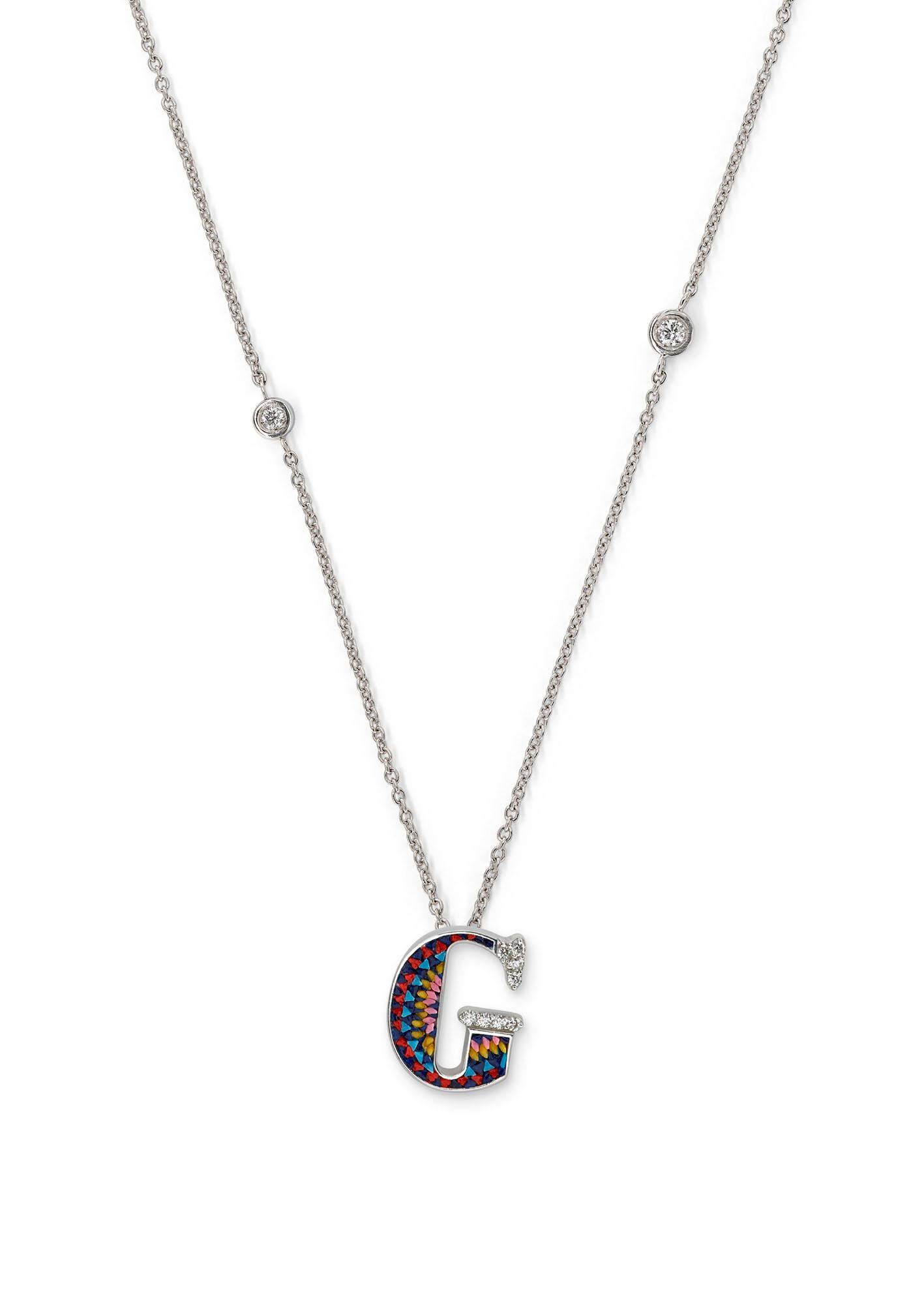 Contemporary Necklace Letter G White Gold White Diamonds Hand Decorated with Micromosaic For Sale