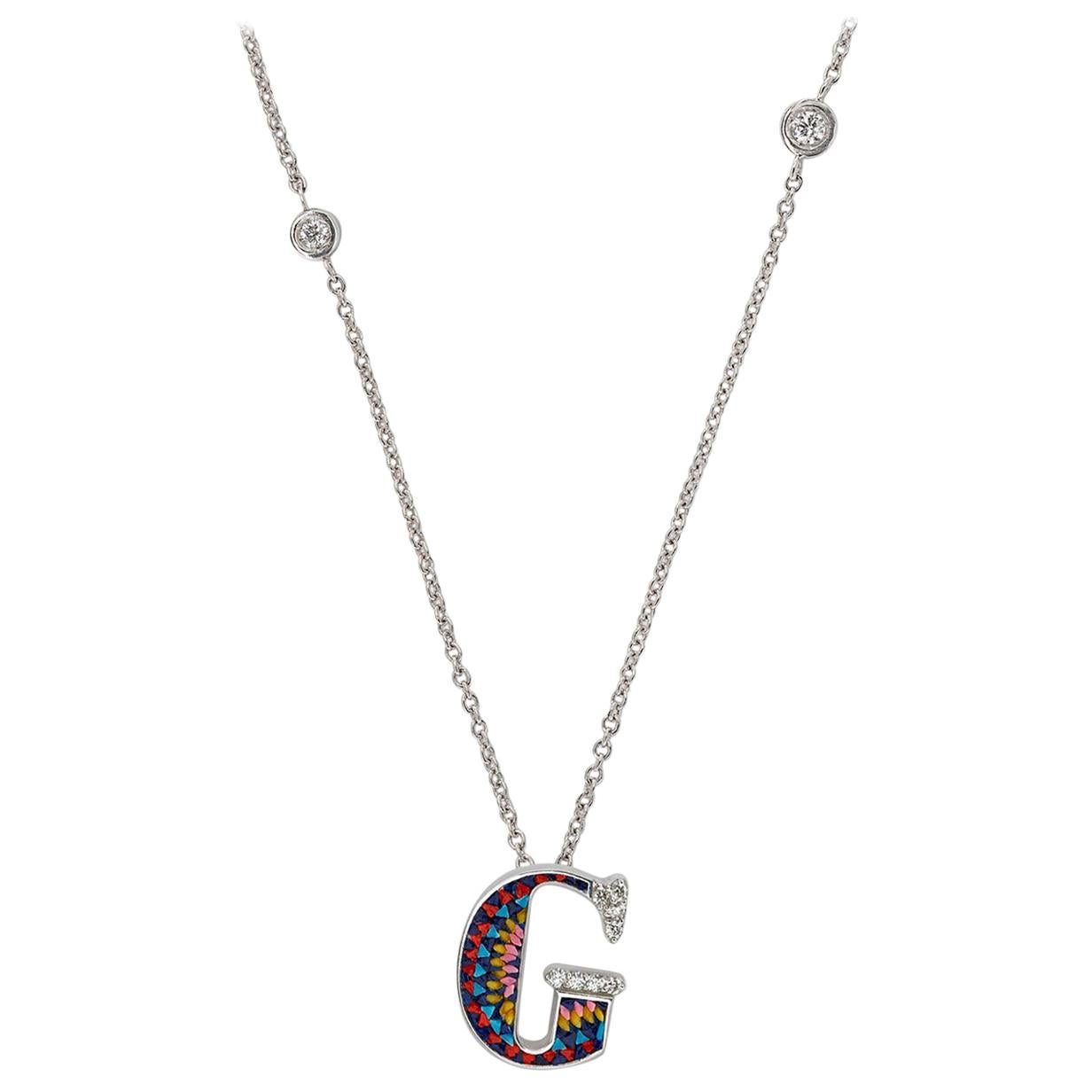 Necklace Letter G White Gold White Diamonds Hand Decorated with Micromosaic For Sale