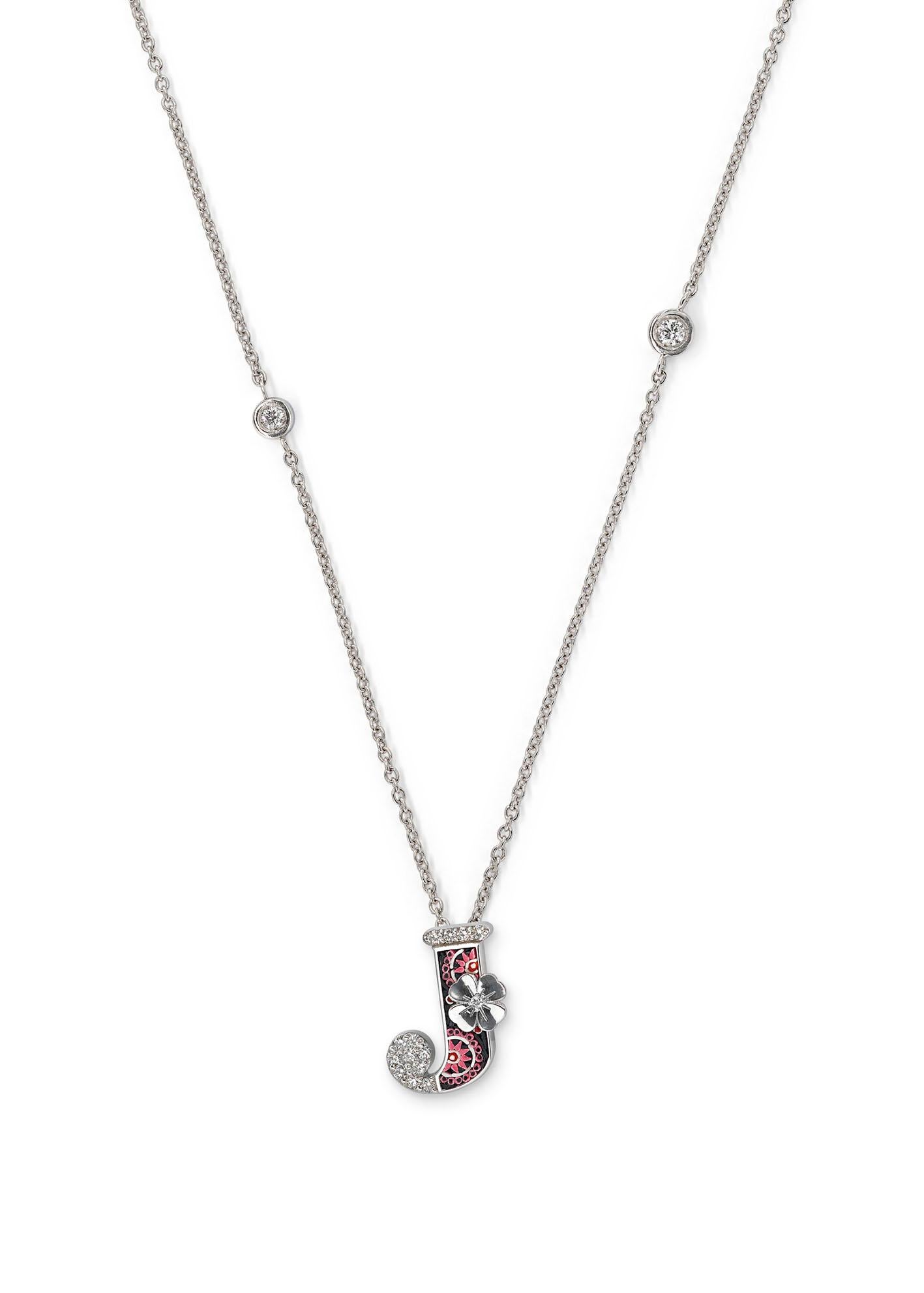 Contemporary Necklace Letter J White Gold White Diamonds Hand Decorated with Micromosaic For Sale