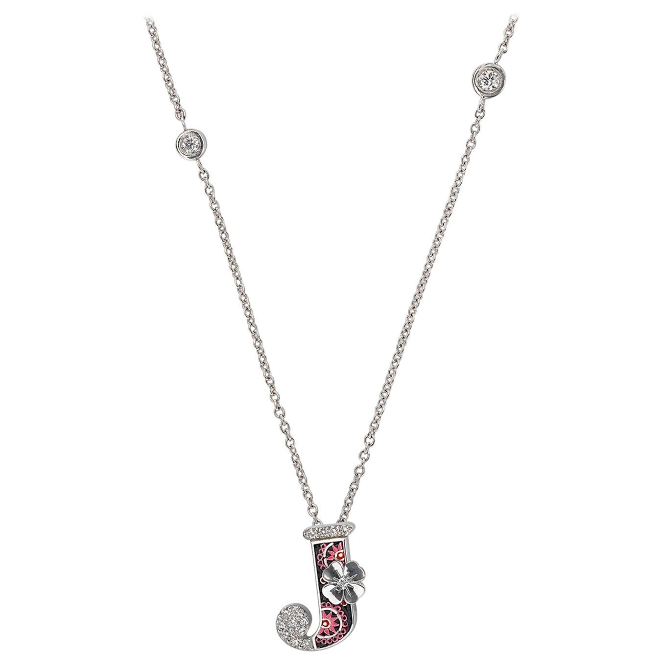 Necklace Letter J White Gold White Diamonds Hand Decorated with Micromosaic