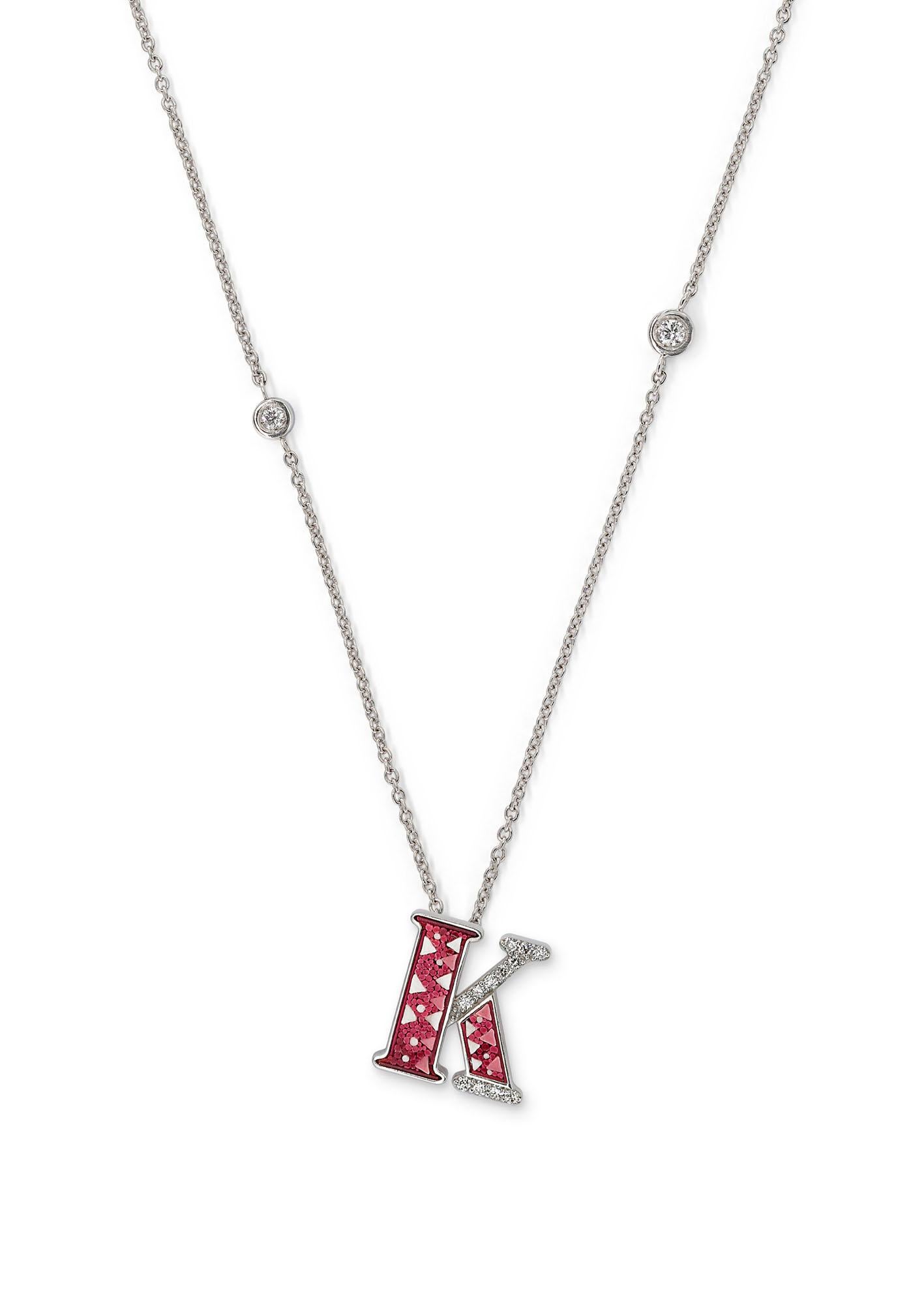 Contemporary Necklace Letter K White Gold White Diamonds Hand Decorated with Micromosaic For Sale