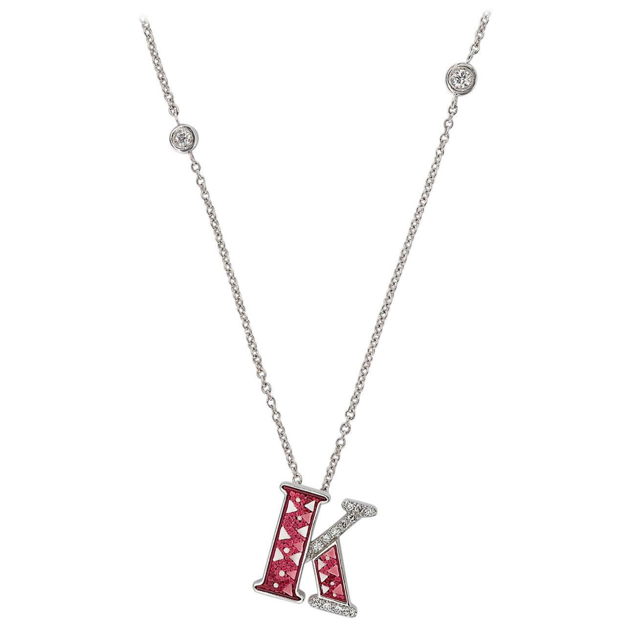 Necklace Letter K White Gold White Diamonds Hand Decorated with Micromosaic For Sale