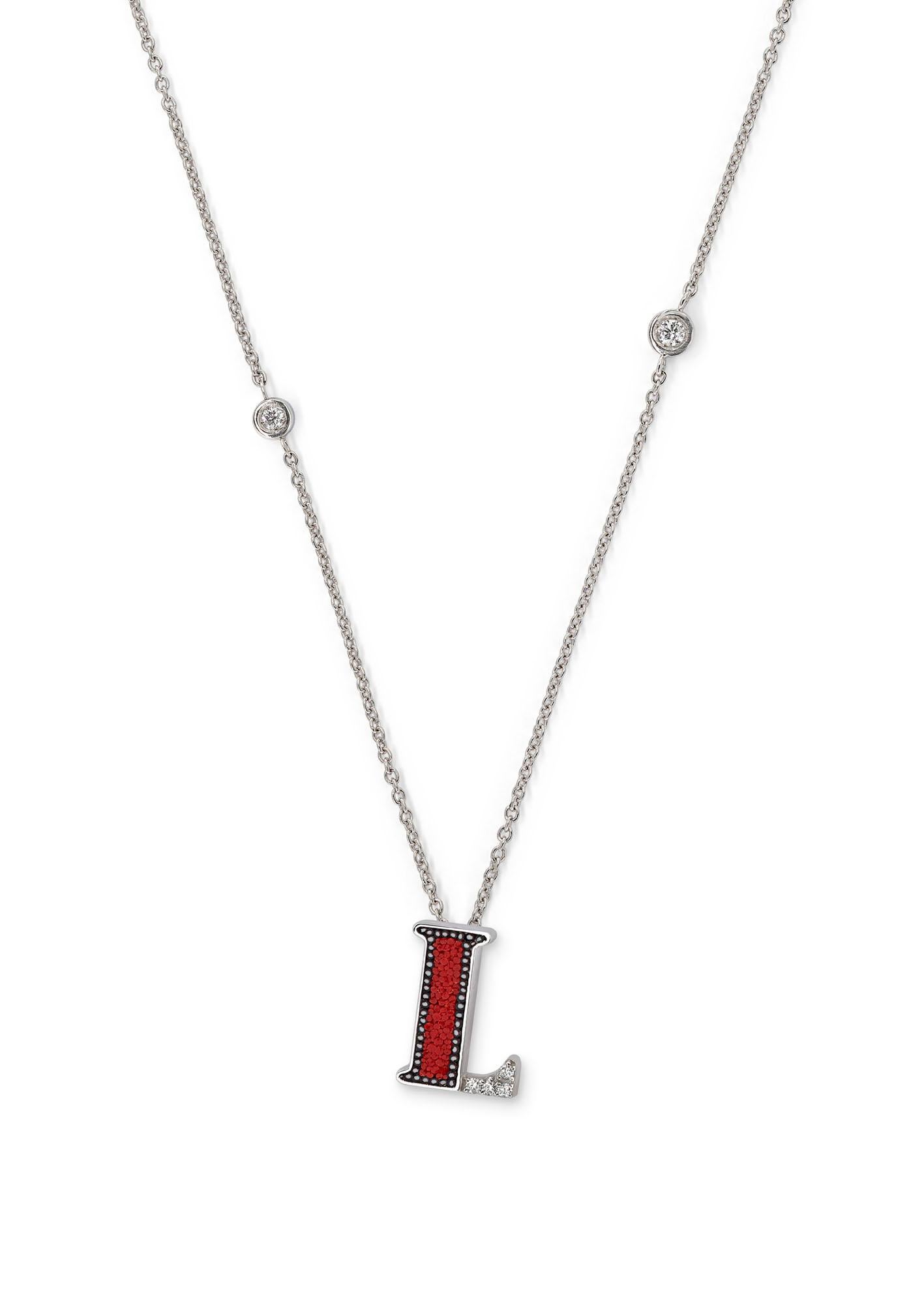 Brilliant Cut Necklace Letter L White Gold White Diamonds Hand Decorated with Micromosaic For Sale