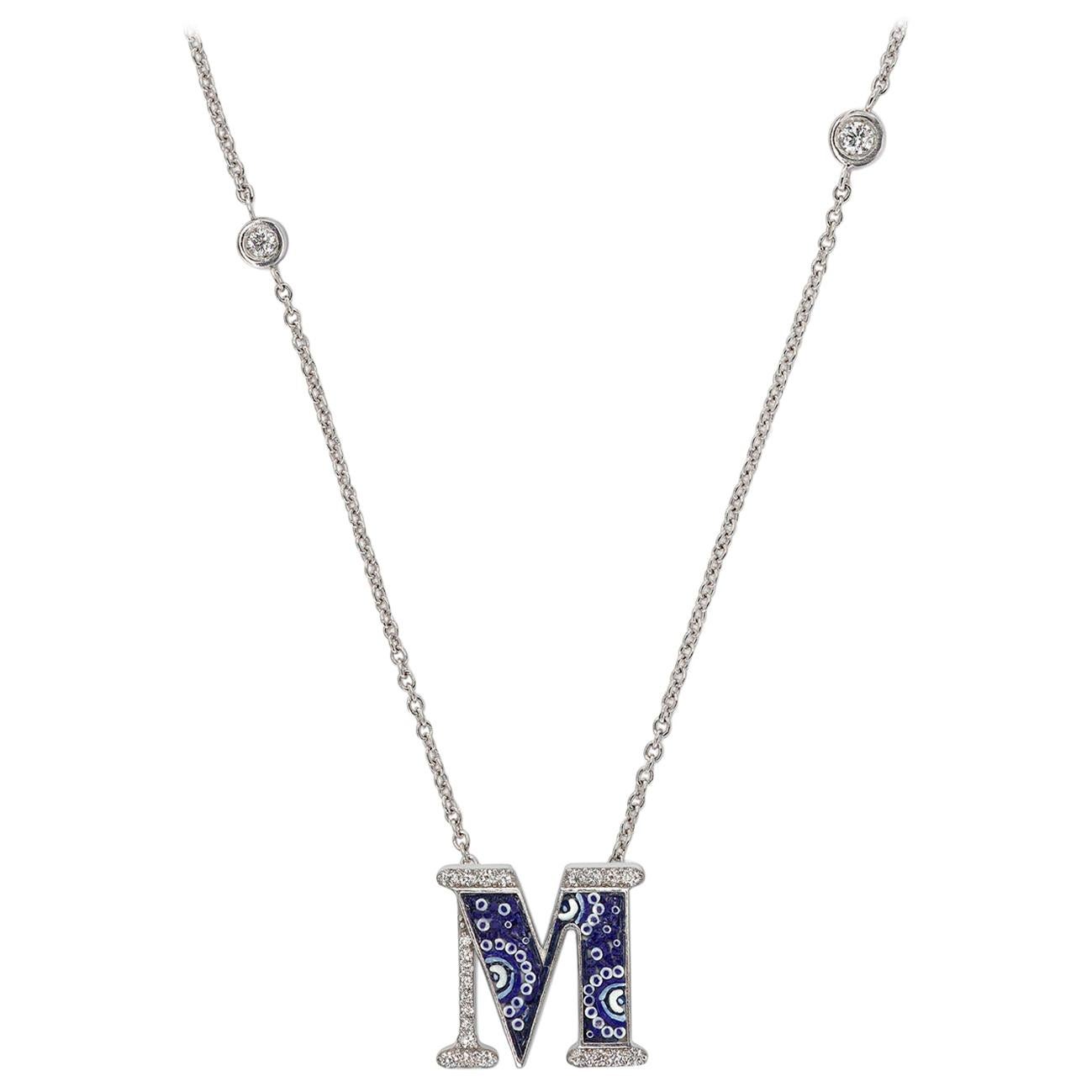 Necklace Letter M White Gold White Diamonds Hand Decorated with Micromosaic For Sale