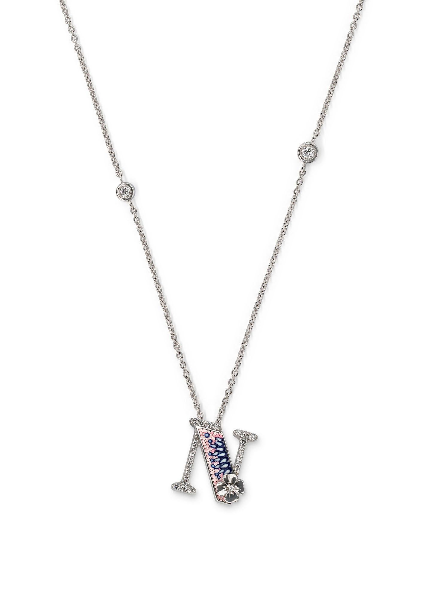 Contemporary Necklace Letter N White Gold White Diamonds Hand Decorated with Micromosaic For Sale