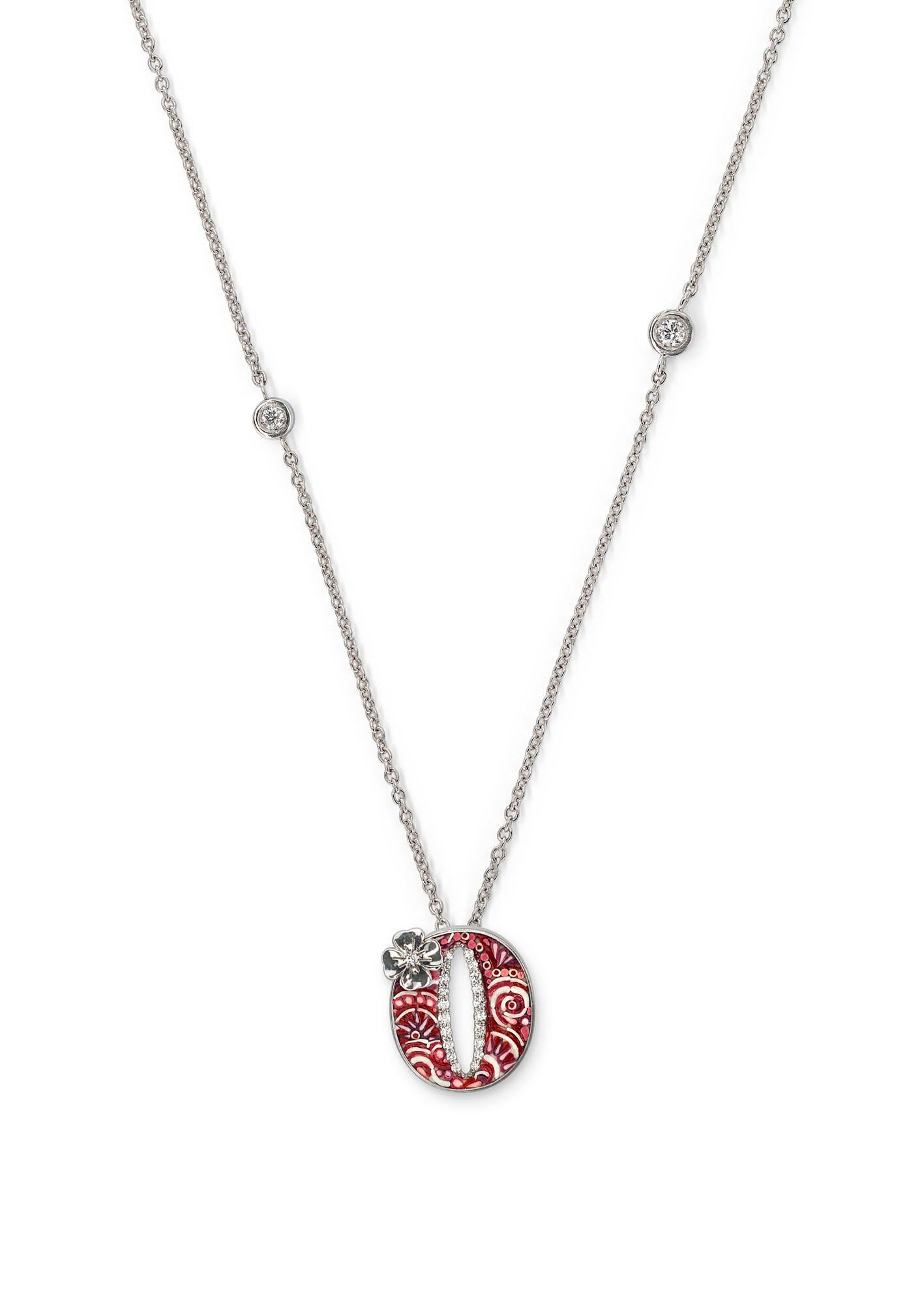 Brilliant Cut Necklace Letter O White Gold White Diamonds Hand Decorated with Micromosaic For Sale