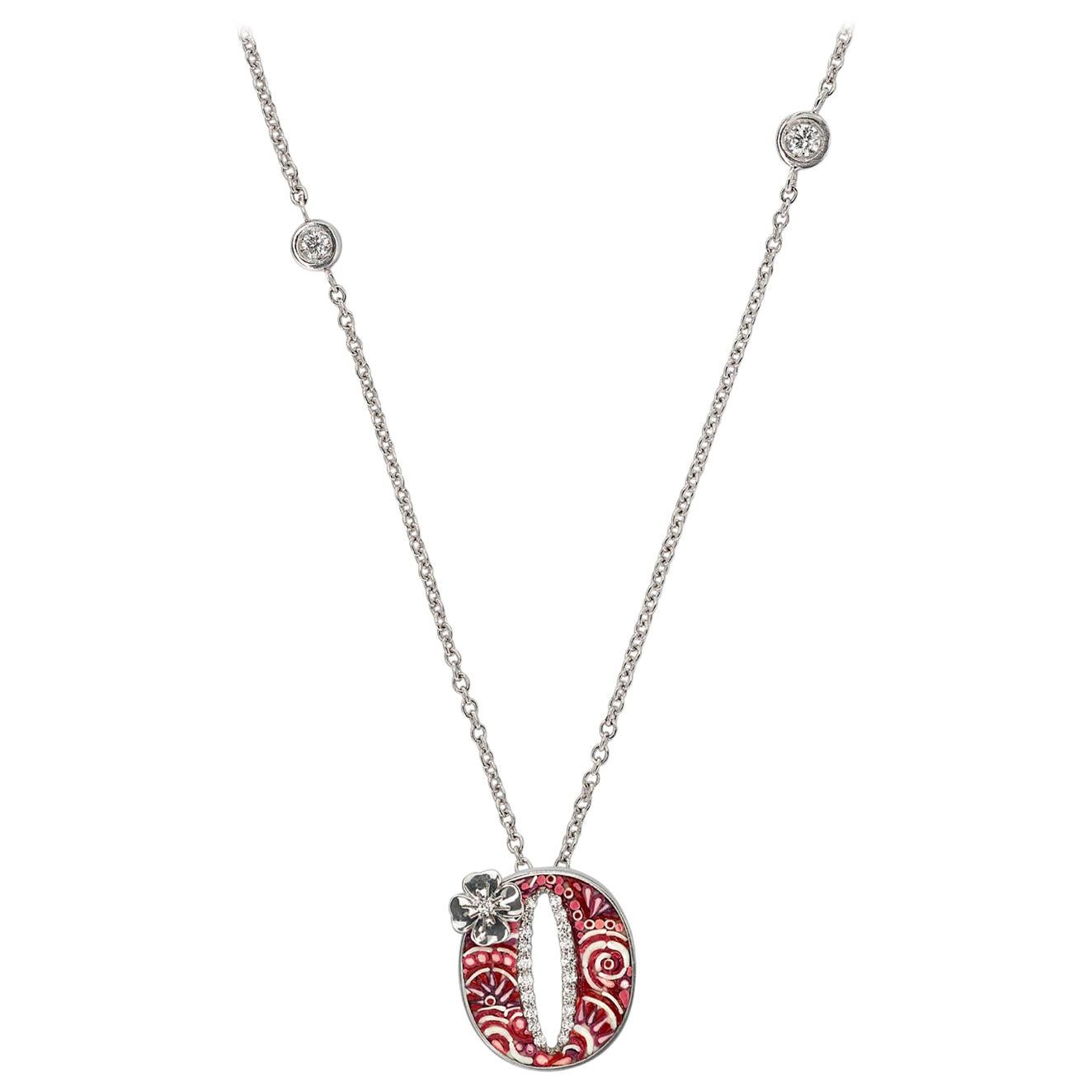 Necklace Letter O White Gold White Diamonds Hand Decorated with Micromosaic For Sale