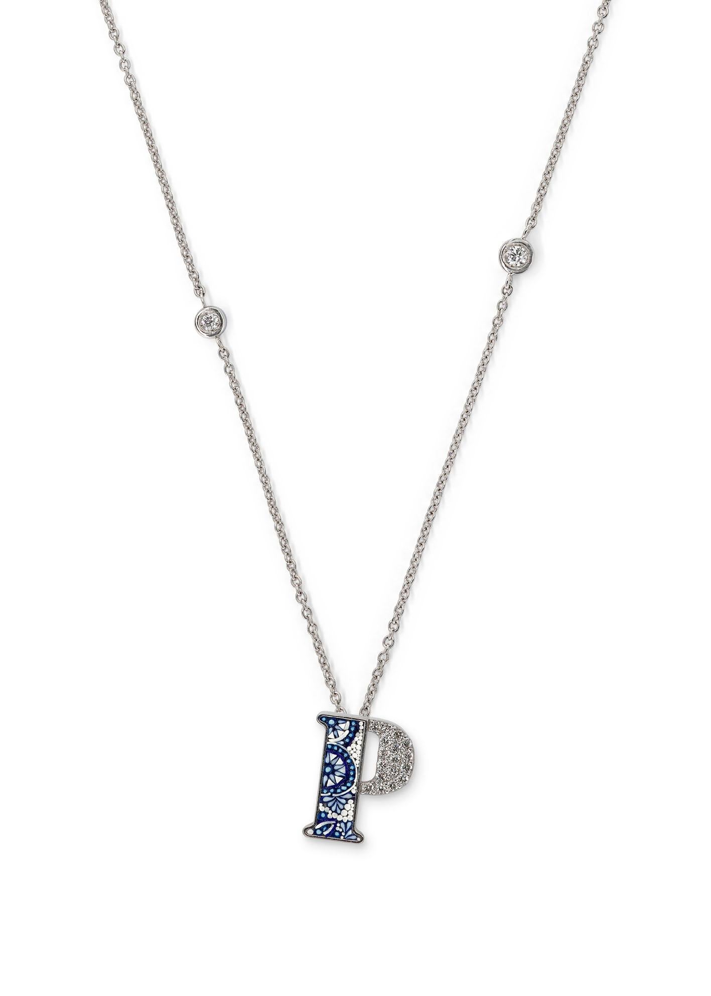 Contemporary Necklace Letter P White Gold White Diamonds Hand Decorated with Micromosaic For Sale