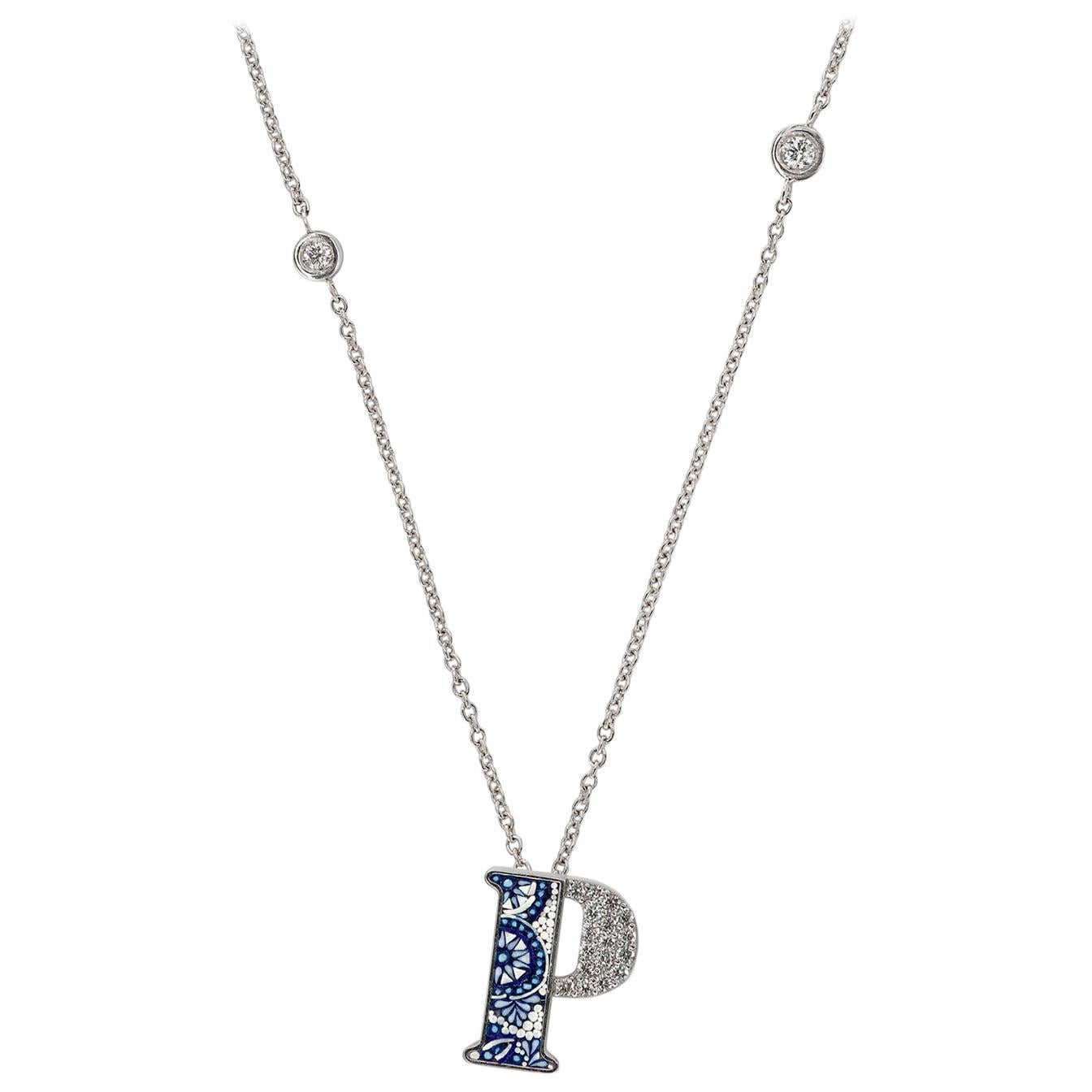 Necklace Letter P White Gold White Diamonds Hand Decorated with Micromosaic For Sale