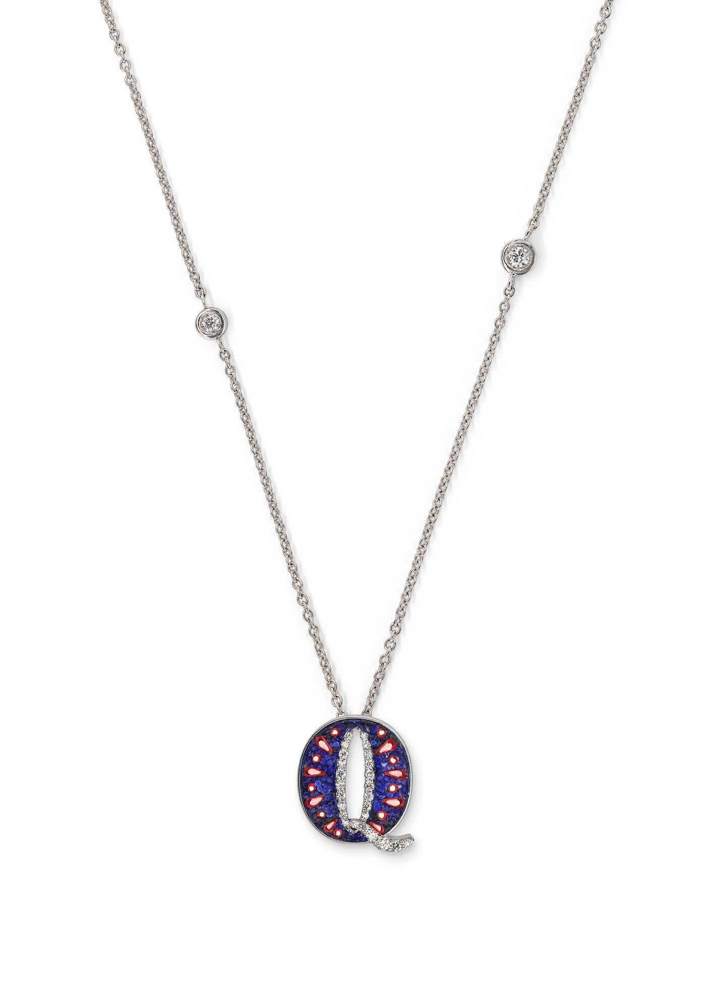 Contemporary Necklace Letter Q White Gold White Diamonds Hand Decorated with Micromosaic For Sale