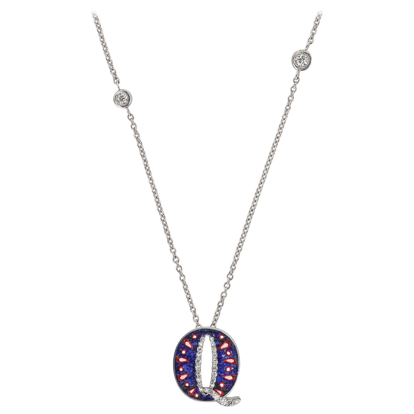 Necklace Letter Q White Gold White Diamonds Hand Decorated with Micromosaic