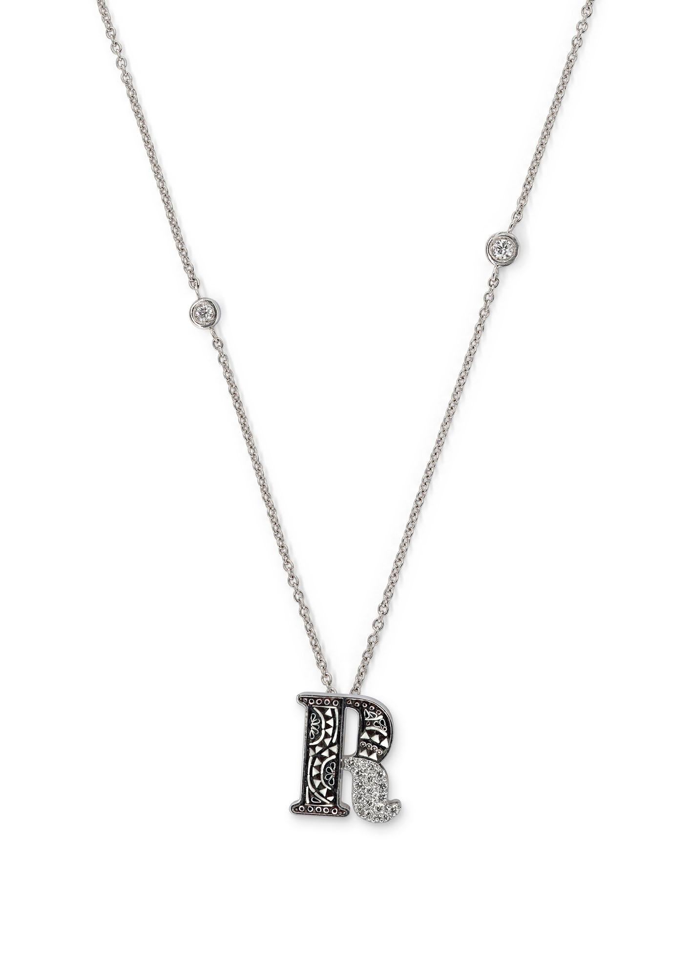 Contemporary Necklace Letter R White Gold White Diamonds Hand Decorated with Micromosaic For Sale