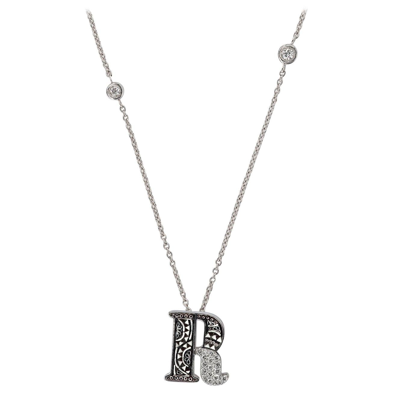 Necklace Letter R White Gold White Diamonds Hand Decorated with Micromosaic