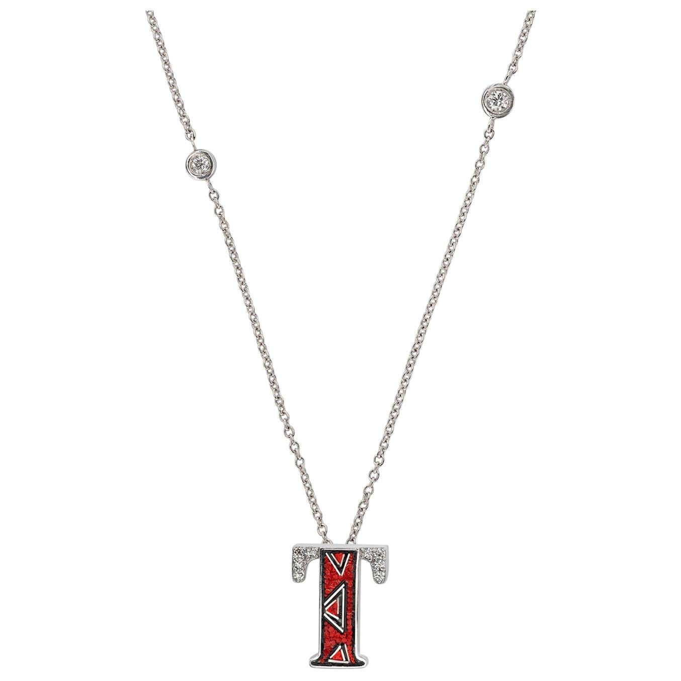 Necklace Letter T White Gold White Diamonds Hand Decorated with Micromosaic