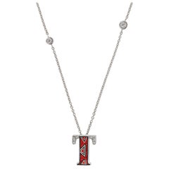 Necklace Letter T White Gold White Diamonds Hand Decorated with Micromosaic
