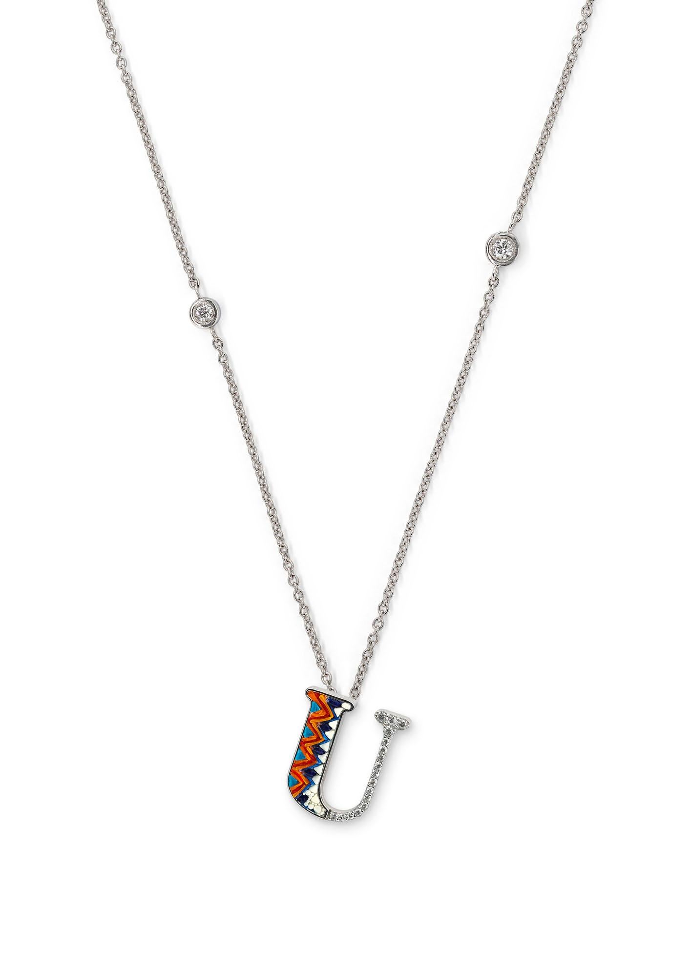 Contemporary Necklace Letter U White Gold White Diamonds Hand Decorated with Micromosaic For Sale