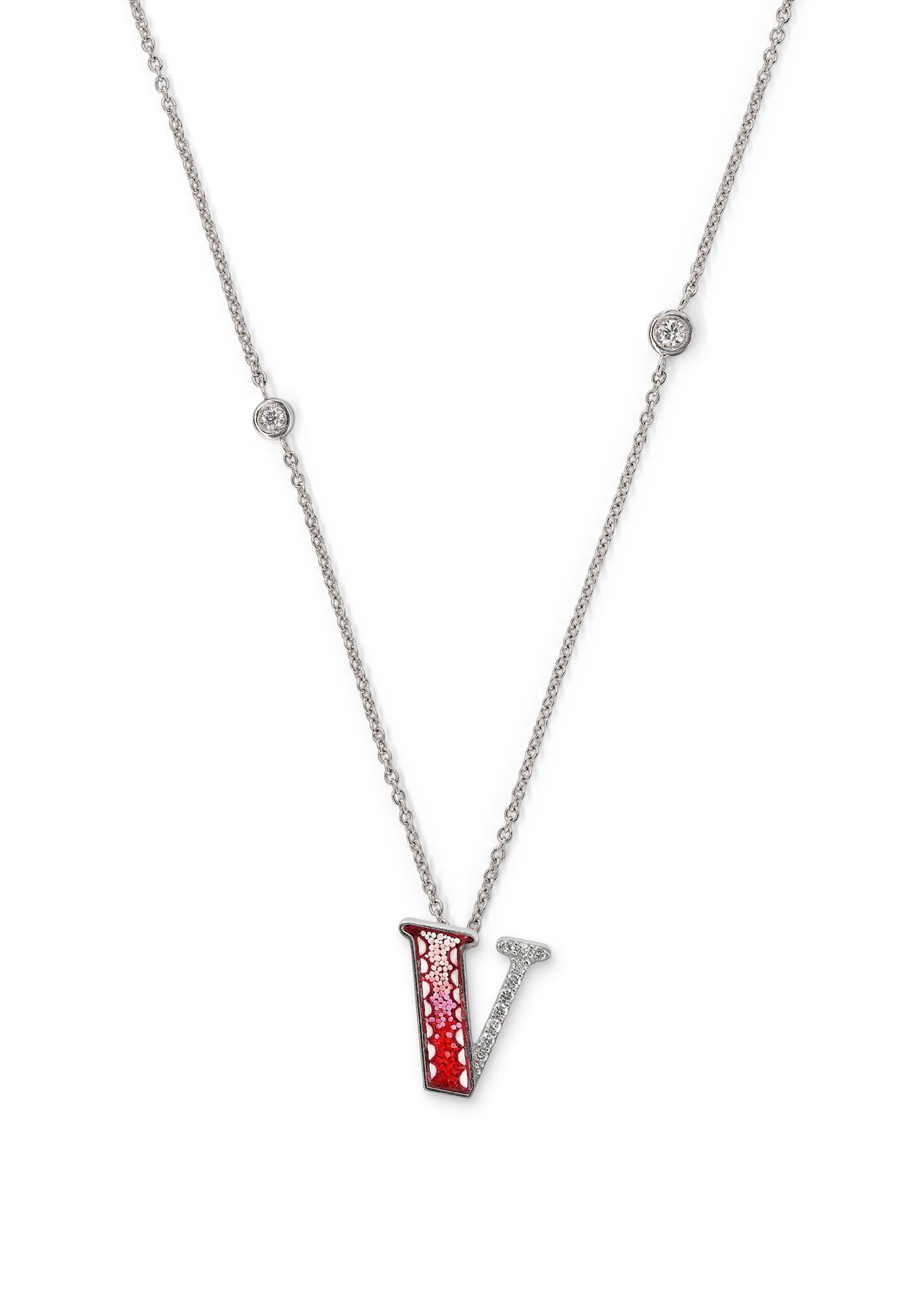 Contemporary Necklace Letter V White Gold White Diamonds Hand Decorated with Micromosaic For Sale