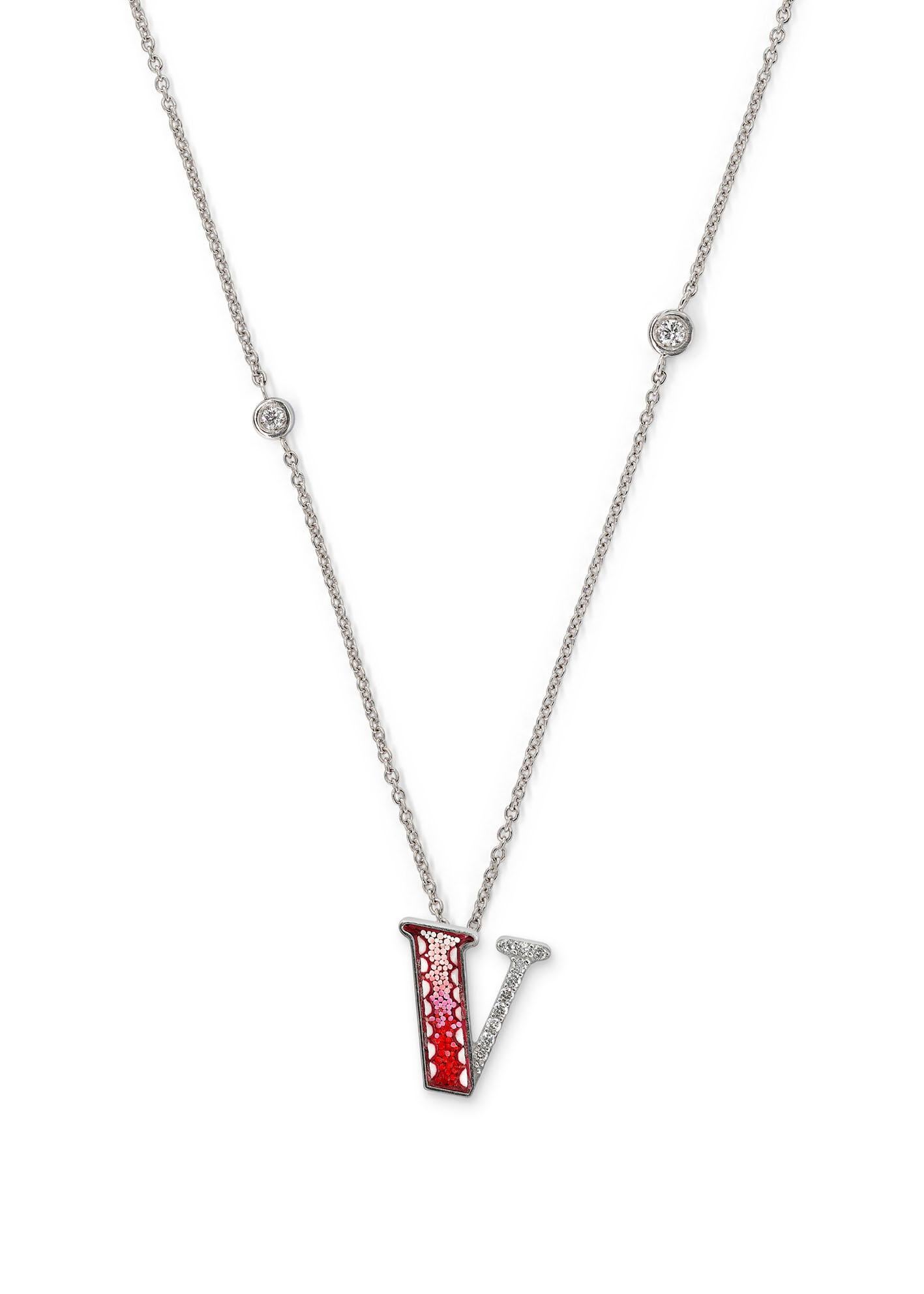 Brilliant Cut Necklace Letter V White Gold White Diamonds Hand Decorated with Micromosaic For Sale