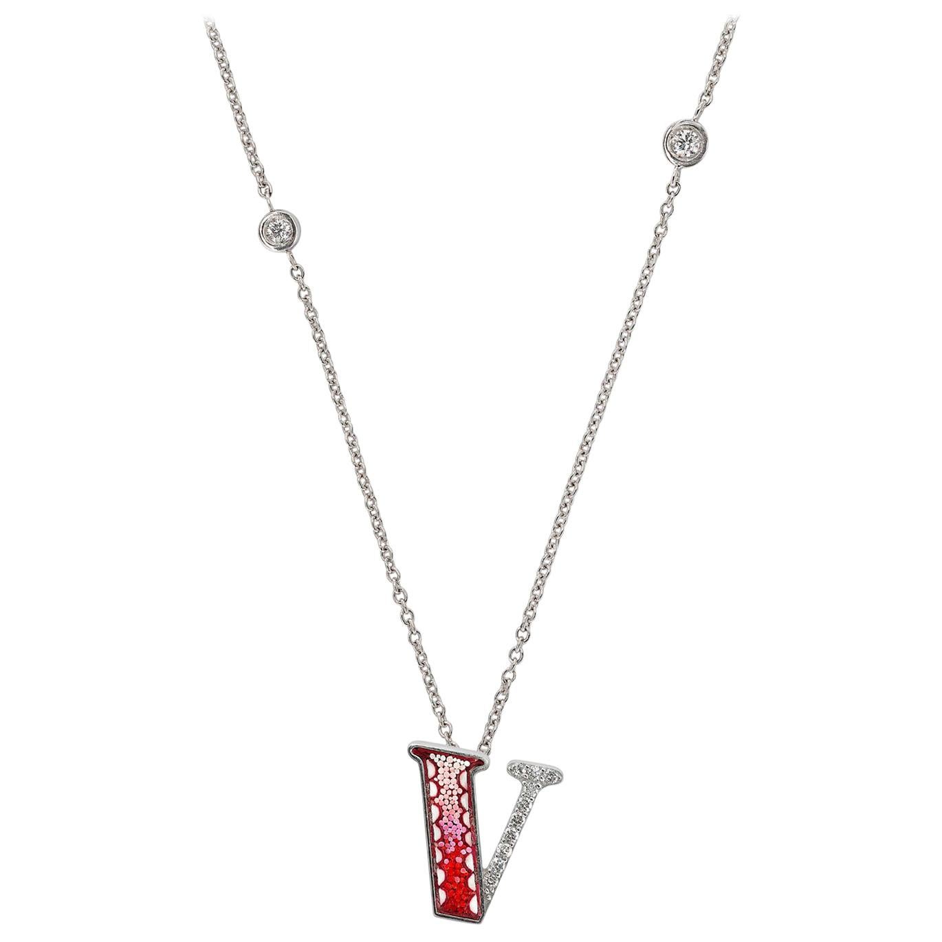 Necklace Letter V White Gold White Diamonds Hand Decorated with Micromosaic For Sale