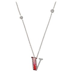 Necklace Letter V White Gold White Diamonds Hand Decorated with Micromosaic